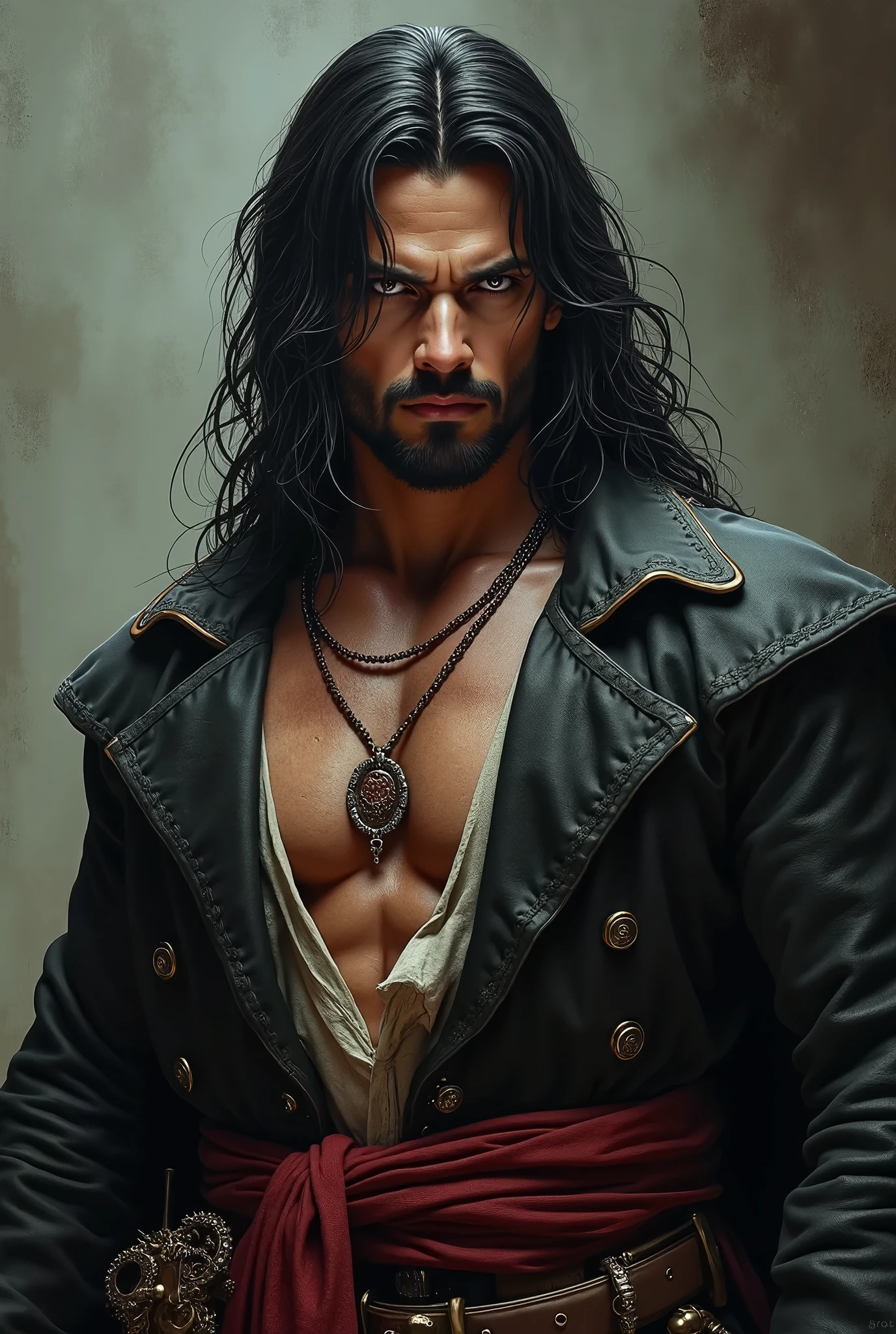 A man has olive eyes and a little long black hair and has a nice white sly face that has absolutely no hair on his face and has muscles 
 He wears a pirate dress and is tied to his forehead and the dress shows his chest