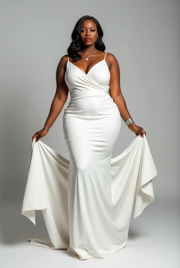 The Woman’s measurement is
Hips :41
Bust: 36
Waist: 29
Height: 5’3
She is black, dark skin, 5’3, but with slight curves. Her hair is in a coily Afro and she has a flower crown made of baby’s breath.
She is wearing an ivory silk wedding dress in a column style. No train.