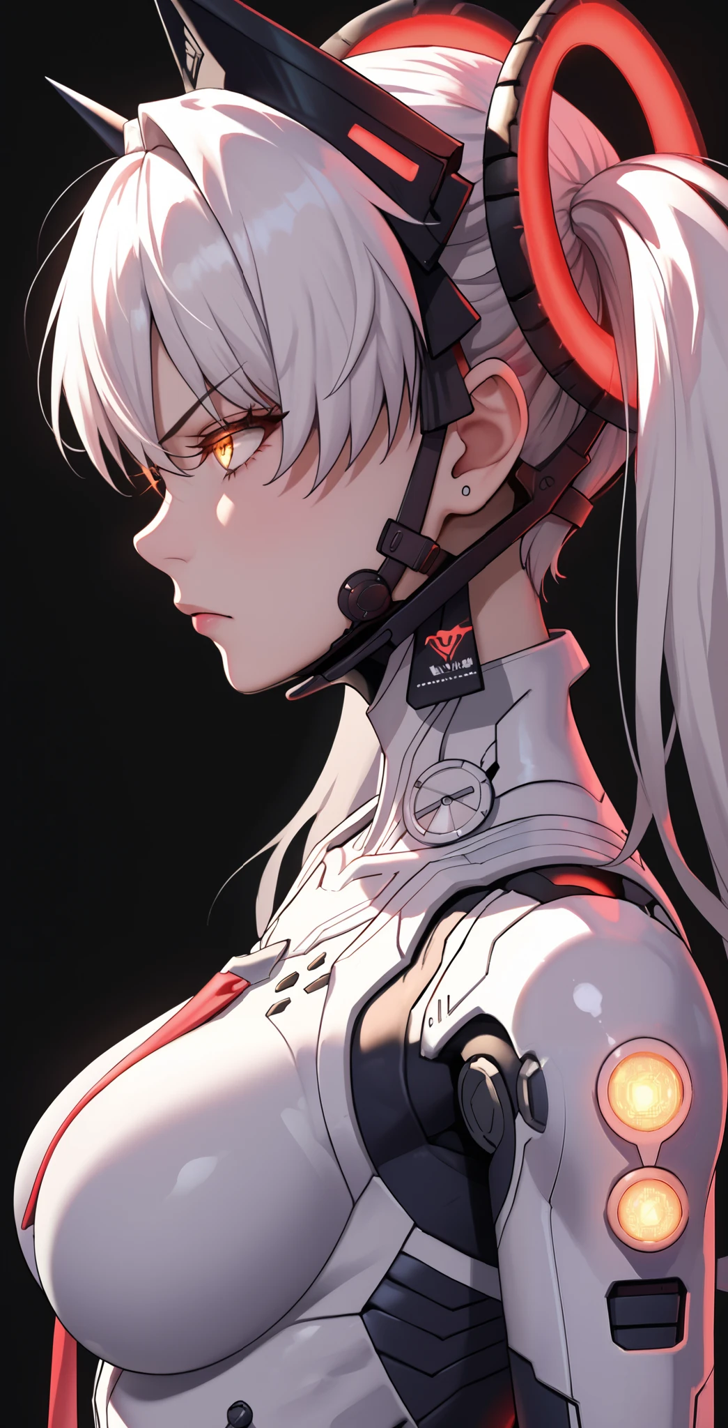masterpiece, 1girl, Laurel, Punishing gray raven, amber eyes, Glowing eyes, Eyelashes, white hair, long hair, twintails, headgear, bodysuit, upper body, neutral, innexpressive, Frown, black background, simple background, score_9, score_8_up, score_7_up, unaestheticXL_bp5, Looking pleasured BREAK Rating_explicit, (Horns), Mechanical horns, Large breasts, Mechanical limbs, Mechanical vertebra attaching to back, Mechanical cervial attaching to neck, Mechanical bones, Mechanical collar bone, Mechanical shoulder blades, Black bones, Chest armor, From Side, (Short neck), Red neon on body