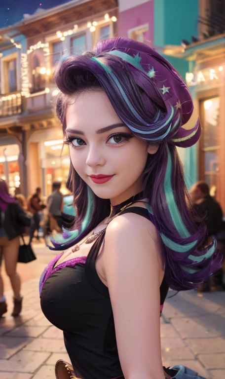 Photo oF a 17 year-old American girl, .CRUDO, beautiFul woman , cabello largo color azul turqueza ((retrato)), ((Cara detallada:1.2)), ((Detailed Facial Features)), (Piel Finamente detallada) , ojos color.azul , 、un sexy(color fresco), wet, wet, ReFlectoreasutepiece) (proporciones perFectaotos realistas)(La mejor calidad) (Detallado) FotograFiado con una EOS R5 de Canon, lente de 50 mm, F/2.8, NFFSW, (8K) (papel tapiz) (cinematic lighting) (dramatic lighting) (sharp Focus) (Enrevesado) senos grandes , pechos grandes , cuerpo completo , hermoso cuerpo de adolesente ,lindo maquillaje , gran sonrisa , labios rojos. Mlp ,Starlight Glimmer , foto dinamica , pose sexy , centro comercial , noche , sonrisa presumida , ropa morada , brazalentes con puas , cabello largo color azul turqueza con mechas color morado, cuerpo completo , foto de cuerpo completo , my little pony Equestria girls , tiene un collar con un rubi , ropa de pelicula my little pony Rainbow rocks
