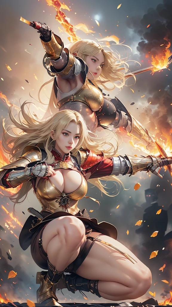 Professional , ​masterpiece、top-quality、photos realistic , depth of fields 、（Dragon Black Metal Body:1.９),(Mattretto、（cleavage of the breast）、Dragon Gold Weapon、（Micro Bikini Armor:1.４),Gorgeous gold weapons ,Particles of light、Particles of light、（（ Dragon's dense and gorgeous sword）） , （demonic wings）、（（a blond））、（Castle background）、Fight dragons、（（Gangle's forest background））、Take intense poses、Beautiful Caucasian beauty、１a person、dynamic ungle,(((Detailed and ornate dragon helmet)))、Smaller head、A smile、Castle background、Thin and beautiful female hands、cleavage of the breast、Soldier in iron armor on background、Mystical expression、Light Effects、intense fighting、Wind-effect、magic circles、With the legendary magic wand、Dragon's tail、explosions、