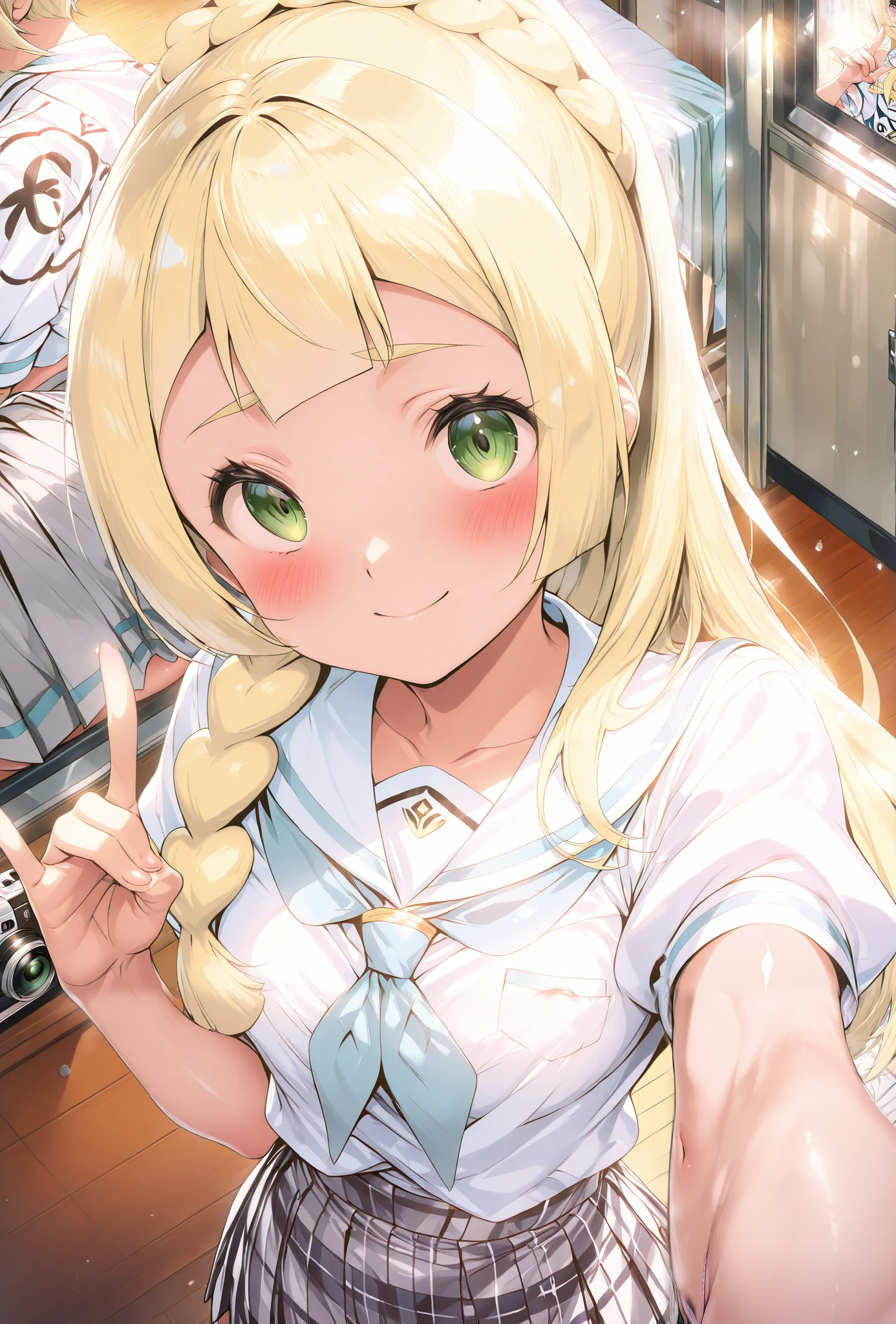 girl Lillie 、 standing smile from above
blanking , school uniform 、 skirt 、 white shirt
、 blanking , panties facing the camera\n display 、