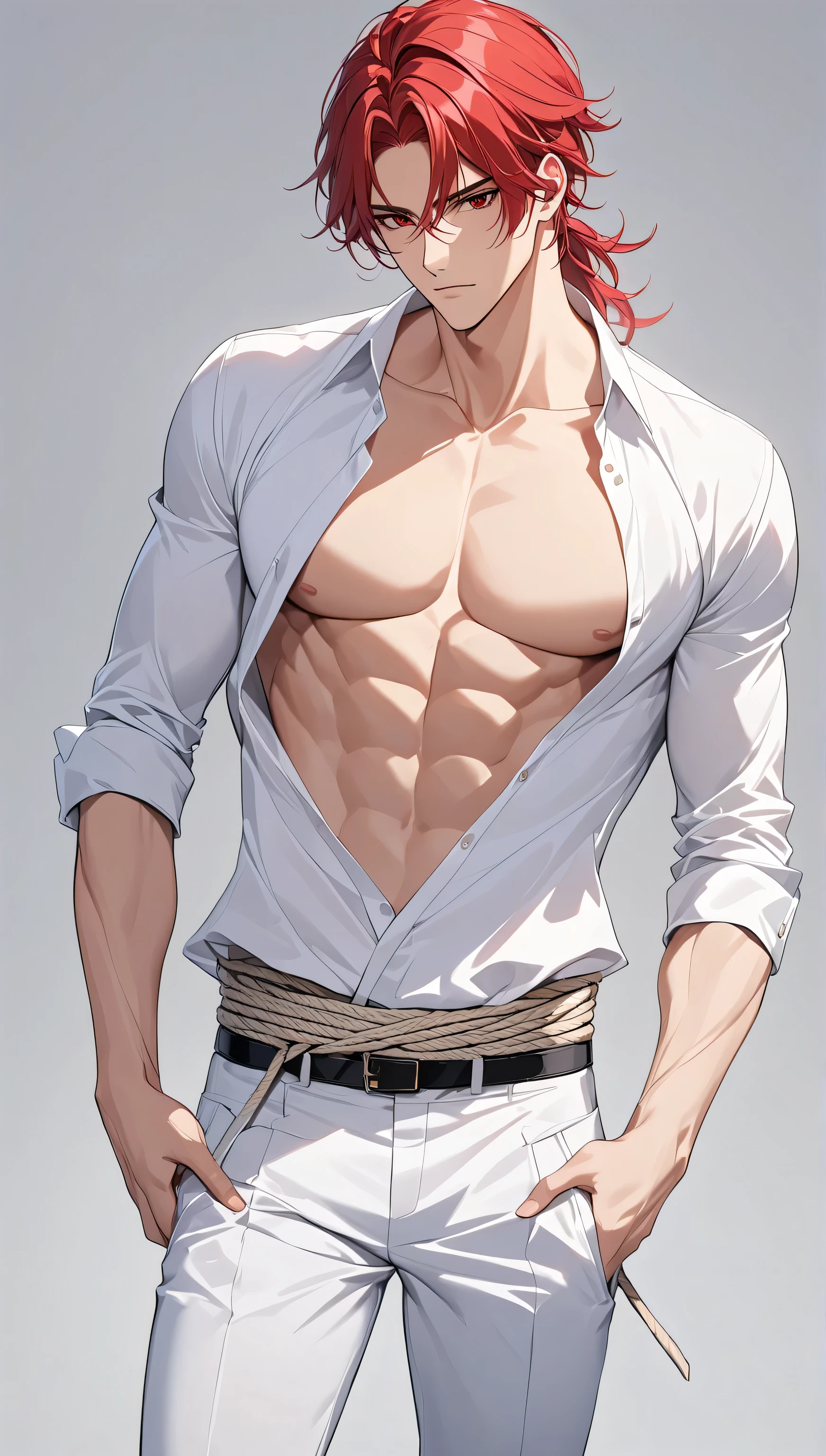 top quality Masterpiece high definition Masterpiece , red hair man, red Eyes man plain backround, no backround, white backround, male, mascular body , handsome, ikemen, thight white shirt, partly unbottoned, serious, his body is tied by roped, hands on back, napped, wrap by roped, hands up on the back