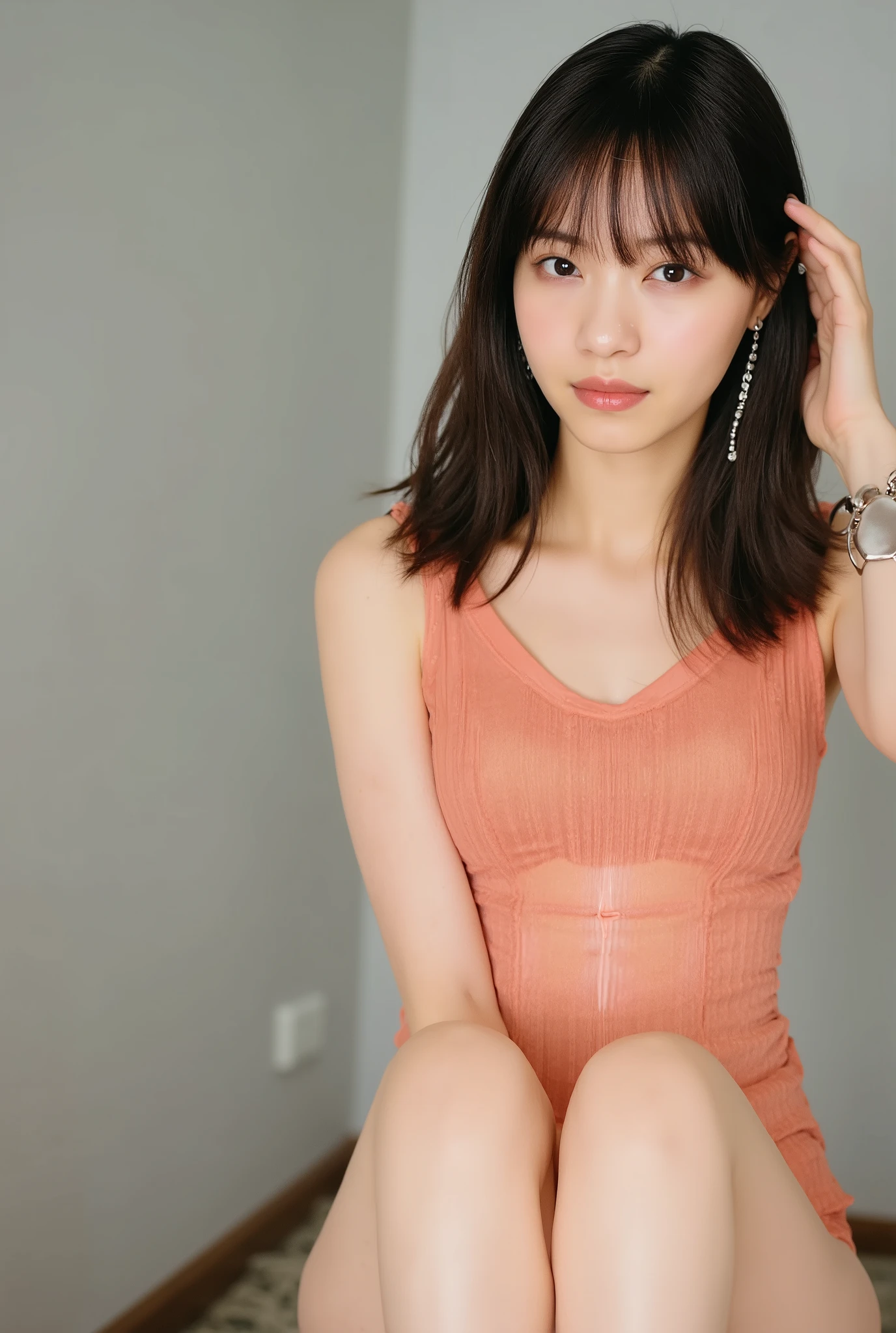 (masterpiece, highest quality: 1.2), 1 girl, ((beautiful breasts, see-through nipples)), (slender waist), (((sexy underwear))), (((standing with hands on hips)), ((has bangs, medium long hair)), beautifully detailed eyes, beautifully detailed lips, highly detailed face, long eyelashes, sharp focus, highly detailed, bedroom,