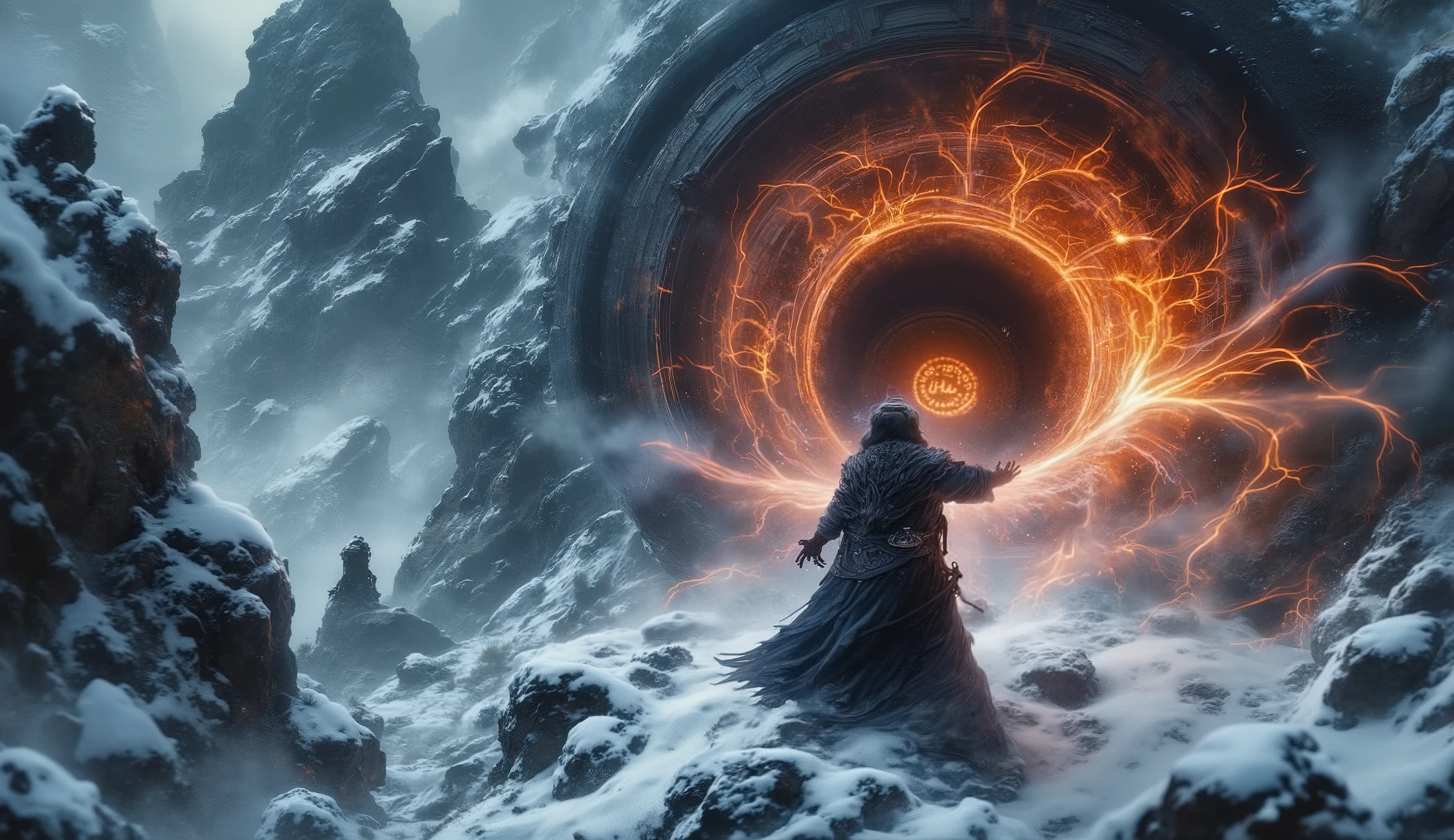 in the frame, the Fiery Magic Orb flies forward leaving a trail of fire, side view, background snowy gorge, the balloon illuminates everything with its light