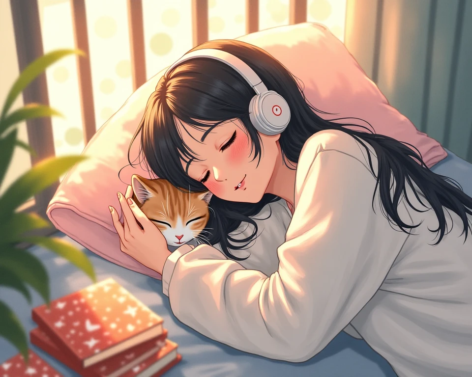 anime girl lying on bed with headphones and cat lying on bed, lofi girl, lofi art, lofi artstyle, lofi feel, lofi, lofi girl aesthetic, lofi vibe, lofi aesthetic, lofi vibes, lofi colors, lofi portrait, ghibli e ilya kuvshinov, lofi hip hop