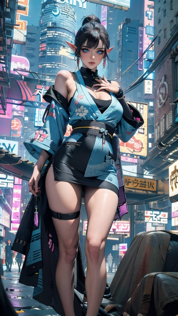 Beautiful hyperrealistic photograph of cute asian cyberpunk girl, (wearing cyberpunk kimono), fringe cut bangs hairstyle, cluttered Blade Runner background, dynamic pose, concept art, By Brian Froud and Carne Griffiths and Wadim Kashin and John William Waterhouse, intricate detail, 8k post-production, High resolution, super Detail, trending on ArtStation, sharp focus, studio photos, intricate detail, depth of field, f/2.8, cinematic illumination, dark shadows.