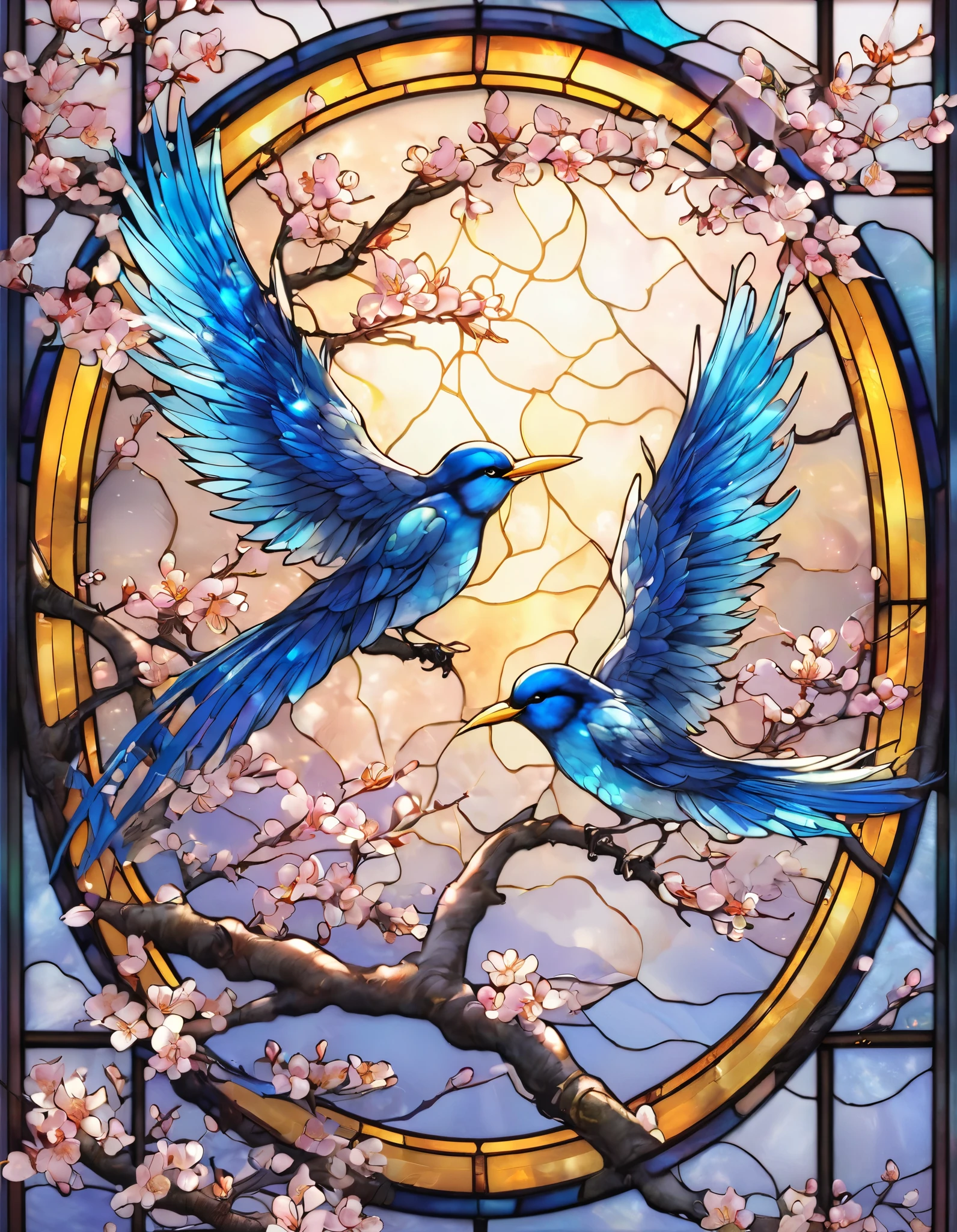 stained glass with two birds、 Clear Blue Body 、Yellow beak、 realistic depiction、 Staying on a Tree Branch、 Greetings Are Blurry Cherry Blossoms Fuzzy 、 fantastic background around the face、Glassy Body 、 Realistic Shining Feathers 