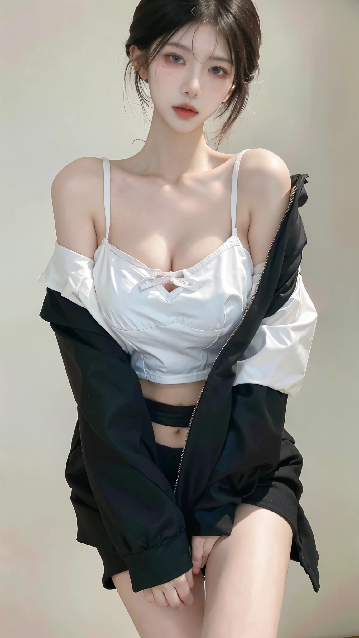 yorha no. 2 Type B, One girl, Wow, (Blindfold), chest, chestの谷間, chestの谷間 cutout, Clothing cutouts, Green background, Hair between the eyes, hair band, High resolution, Juliet Sleeve, Long sleeve, Nier (series), Nier automata,  Puffy sleeves, Red lips, Shadowed face, short hair, alone, turtleneck, Upper Body, Gray Hair, null