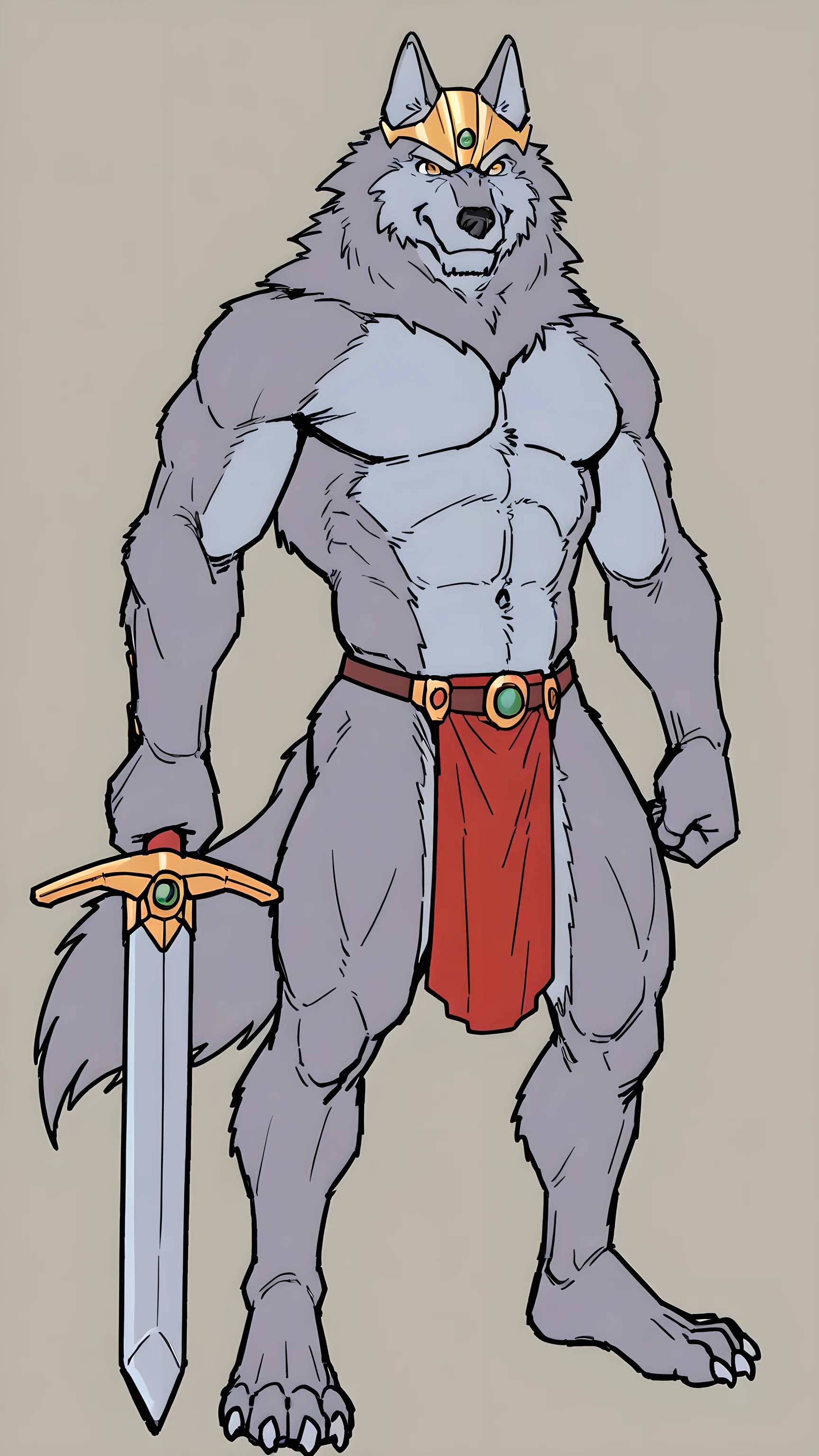 greyfus, wolf, flat color, male, muscular, simple background, looking at viewer anthro, belt, loincloth, full body, holding a sword in front of chest
