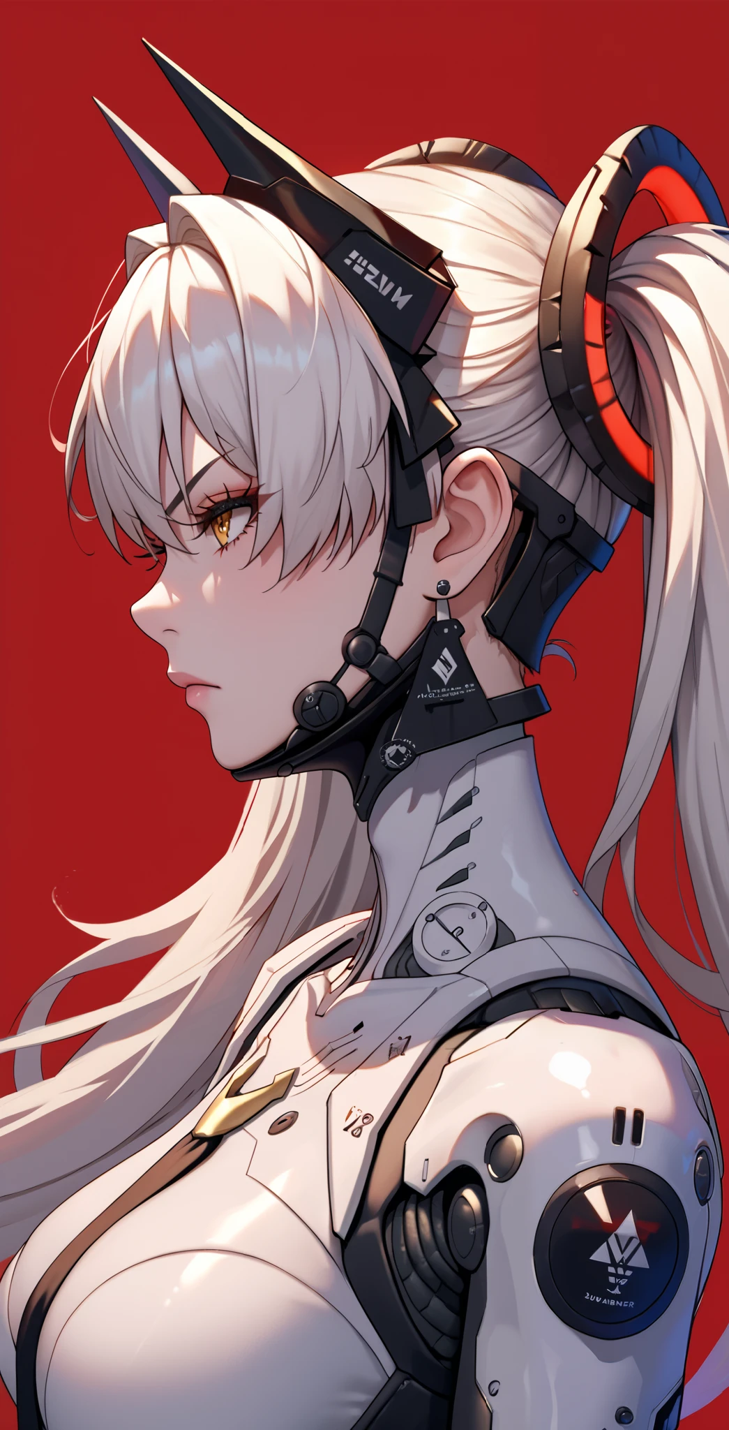 masterpiece, 1girl, Laurel, Punishing gray raven, amber eyes, Eyelashes, white hair, long hair, twintails, headgear, bodysuit, upper body, neutral, innexpressive, Frown, red background, simple background, score_9, score_8_up, score_7_up, unaestheticXL_bp5, Looking pleasured BREAK Rating_explicit, (Horns), Mechanical horns, Large breasts, Mechanical limbs, Mechanical vertebra attaching to back, Mechanical cervial attaching to neck, Mechanical bones, Mechanical collar bone, Mechanical shoulder blades, Black bones, Chest armor, Long earrings, From Side, (Short neck)