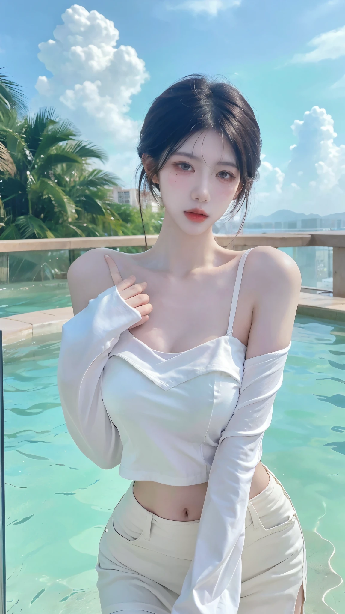 Beautiful woman with perfect body:1.4,layered hairstyle,prominent cleavage,Black bikini:1.5,whole body,Highly detailed facial and skin textures,double eyelids,whiten skin,long hair