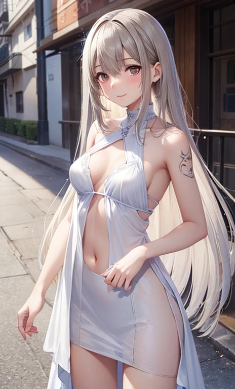 ((mejor calidad)), ((Obra maestra)), (detallado), cara perfecta jovencita blanca de cabello blanco , thin and delicate face normal woman in white dress and with long hair with small breasts