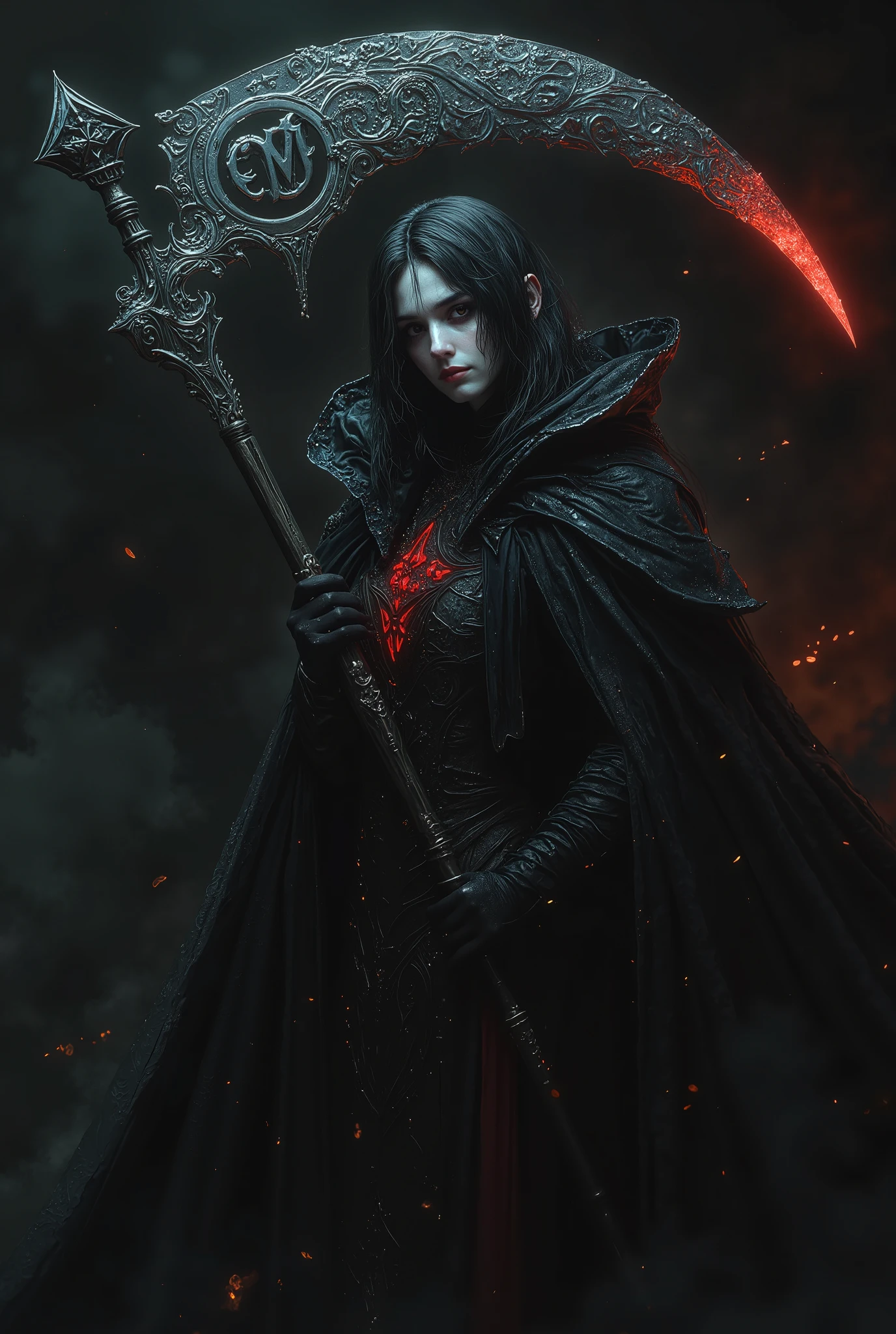 a dark-haired woman in a black dress, the most beautiful female death in the world, holding a scythe with the letters "EM" engraved on it, dark fantasy, gothic, dramatic lighting, cinematic, detailed portrait, chiaroscuro, dramatic pose, intricate clothing folds, muted colors, moody atmosphere, highly detailed, photorealistic, 8k, masterpiece, neon colored, (oil painting,digital painting,masterpiece:1.2),photorealistic,8k,detailed,vivid,dynamic composition (dark and gloomy abstract painting),(dark colors,moody,ominous,mysterious,enigmatic:1.2),(abstract,surreal,avant-garde,conceptual art:1.1),organic shapes,textured brush strokes,dark tones,high contrast,emotive,evocative,atmospheric,cinematic