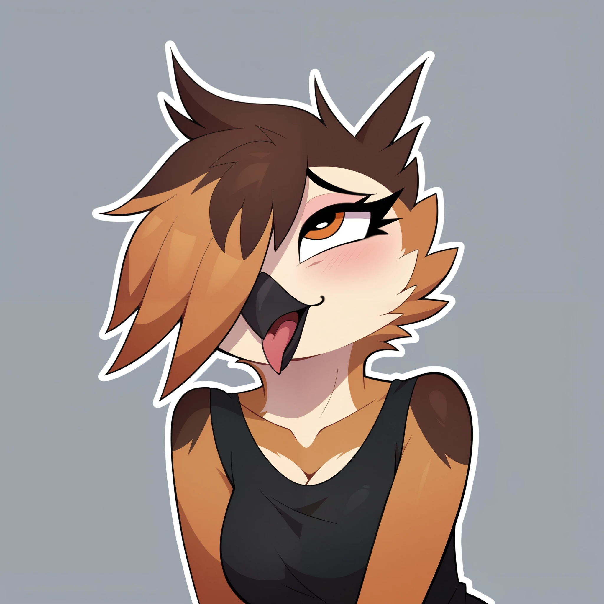   score_9,   score_8,   score_7,  cowboy shot , Alone ,  beautiful, 2d, vector art,   cartoon , (    white outline  ),   upper body ,   dynamic posture ,  telegramstickerxl  ,   Simple background  ,  a girl,   naked, anthropomorphic,  wide hips, owl,  bird feathers   , beak  ,  , brown body y negro, brown body,   with no straight line  , sexy,   Big breasts,  wide hips, short black emo ,   tall cowgirl ,   black sweatshirt  ,  with short emo haircut covering one eye, ahegao face cumshot in the face