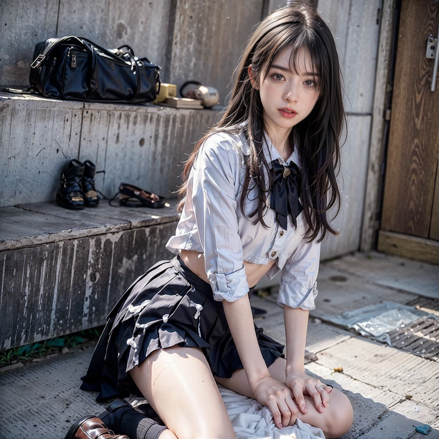 Battlefield Background,Wear a school uniform,Plaid miniskirt,A short-haired girl in sneakers squats in a ruin,bobcut,sweat,For the audience,Full body close-up