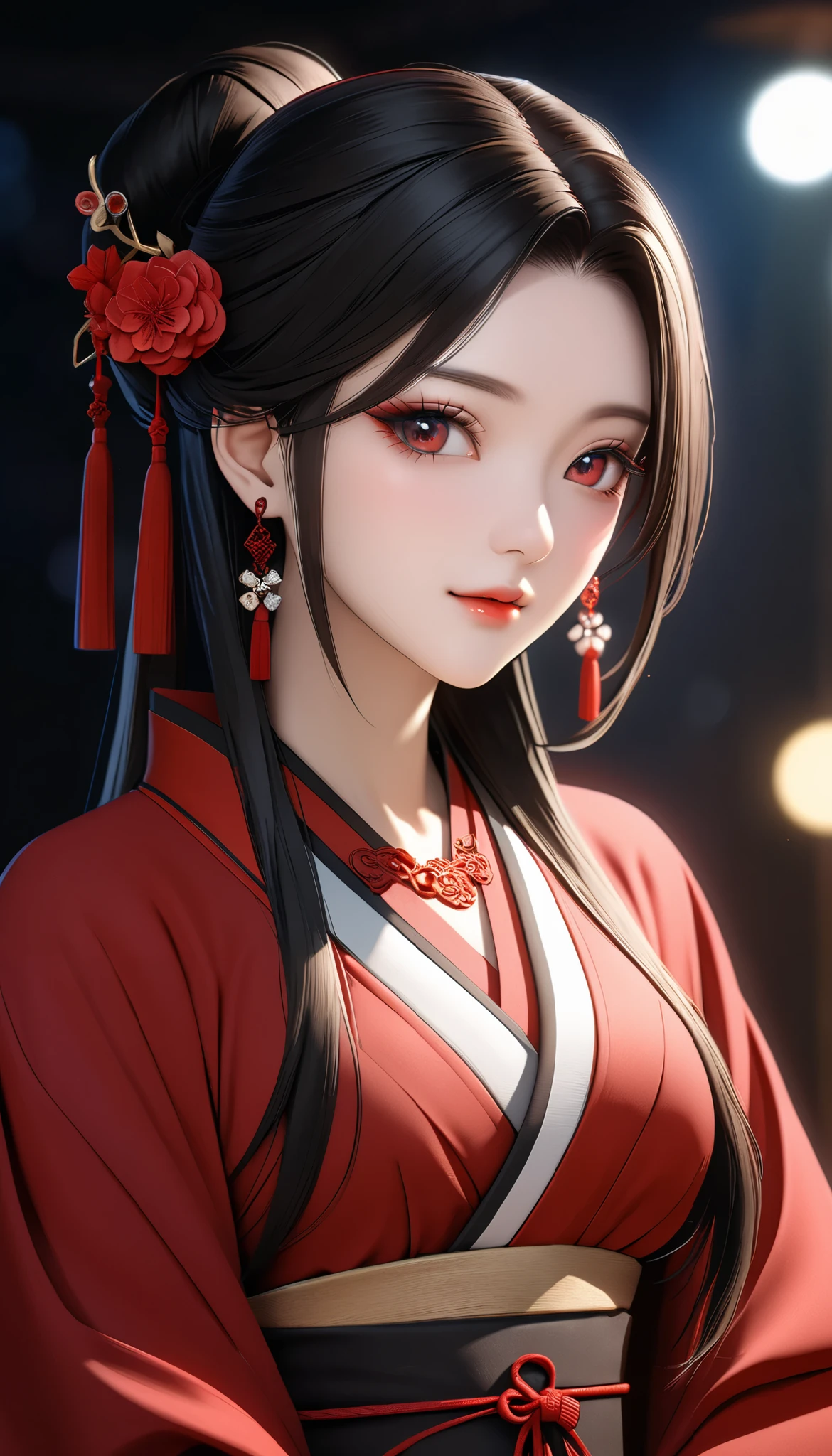 Anime girl with long black hair wearing a red kimono - SeaArt AI
