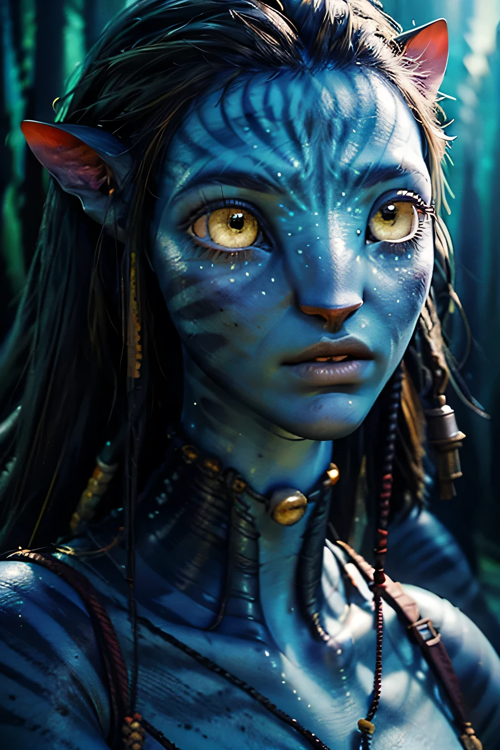 1girl, avatar, blue skin, long blue hair, detailed face, beautiful detailed eyes, beautiful detailed lips, extremely detailed face, detailed body, detailed anatomy, sci-fi, digital art, hyper detailed, vibrant colors, cinematic lighting, dramatic lighting, (best quality,4k,8k,highres,masterpiece:1.2),ultra-detailed,(realistic,photorealistic,photo-realistic:1.37) yellow bright eyes cat face