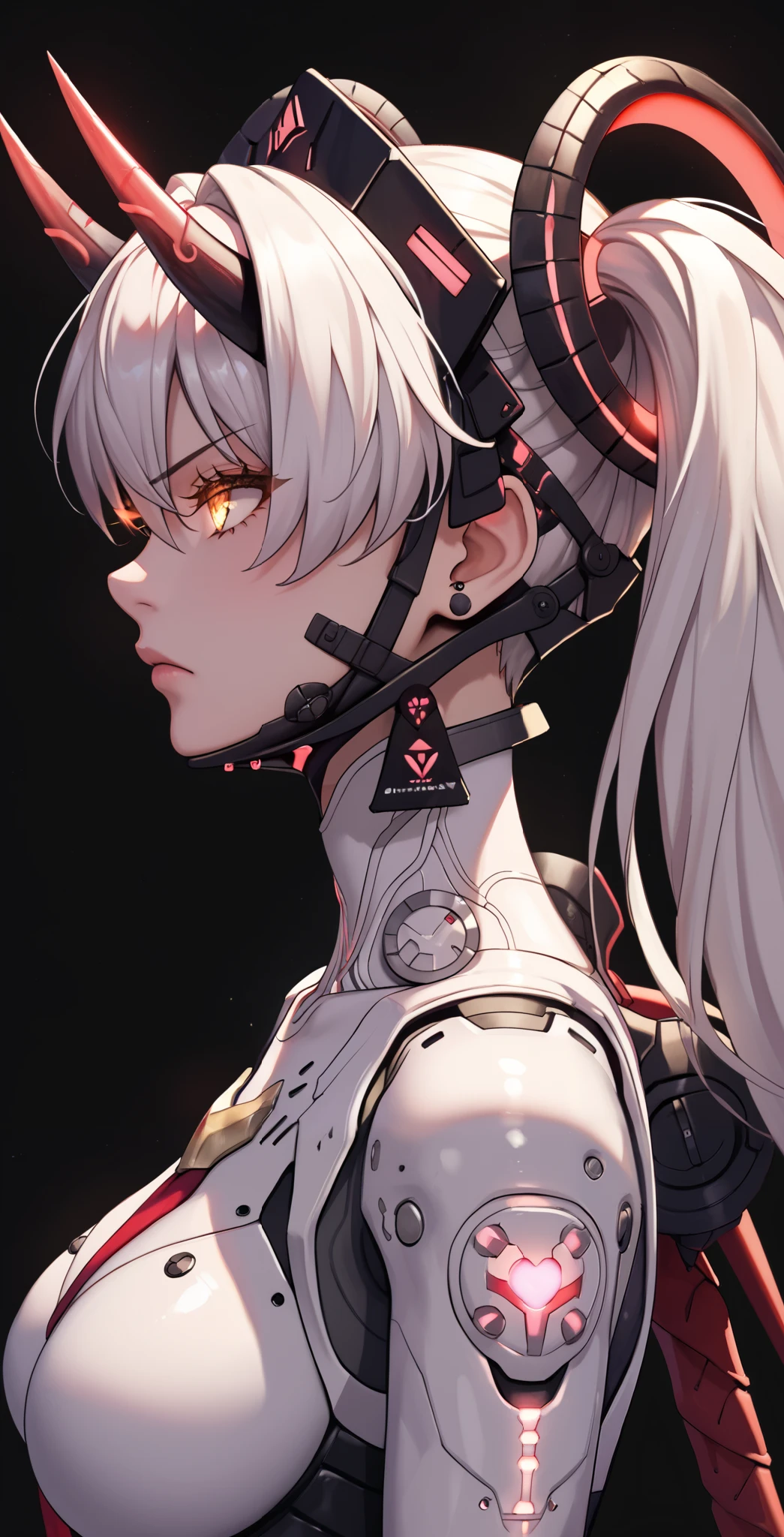 masterpiece, 1girl, Laurel, Punishing gray raven, amber eyes, Glowing eyes, Eyelashes, white hair, long hair, twintails, headgear, bodysuit, upper body, neutral, innexpressive, Frown, black background, simple background, score_9, score_8_up, score_7_up, unaestheticXL_bp5, Looking pleasured BREAK Rating_explicit, (Horns), Mechanical horns, Large breasts, Mechanical limbs, Mechanical vertebra attaching to back, Mechanical cervial attaching to neck, Mechanical bones, Mechanical collar bone, Mechanical shoulder blades, Black bones, Armored bra, From Side, (Short neck), Red neon on body, Earings