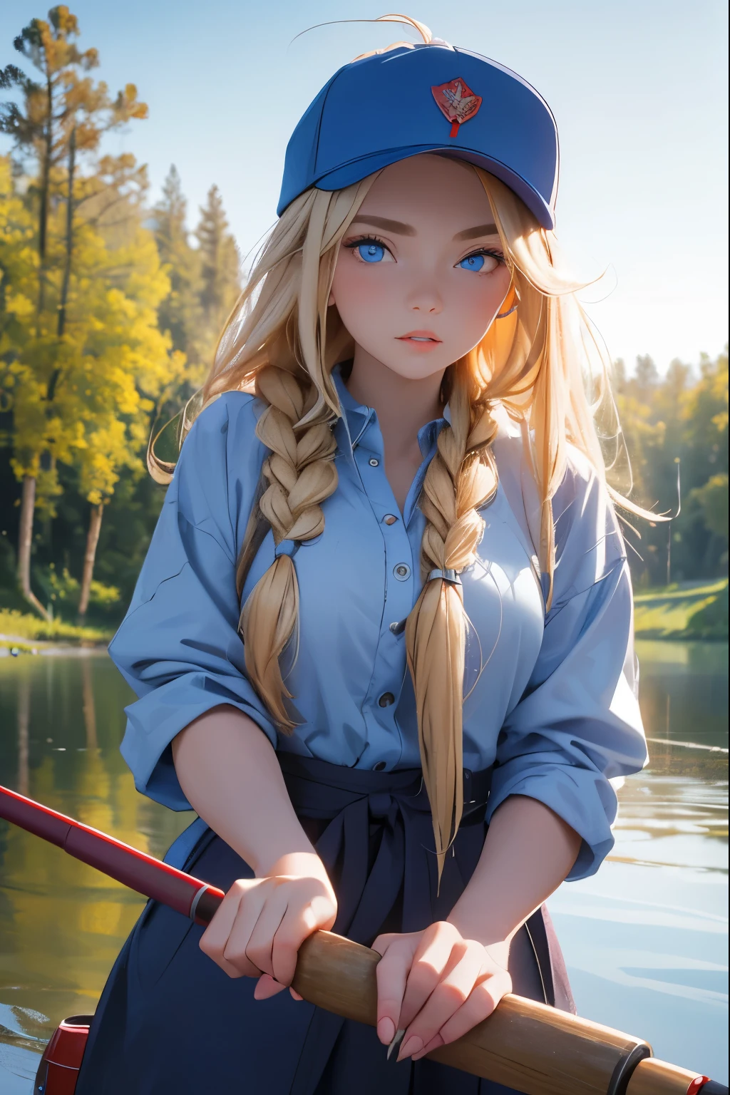 A beautiful girl from a Russian village is fishing with a fishing rod on the riverbank. She is 20 years old . Breast size 5 . Blonde hair gathered in a braid . blue eyes .