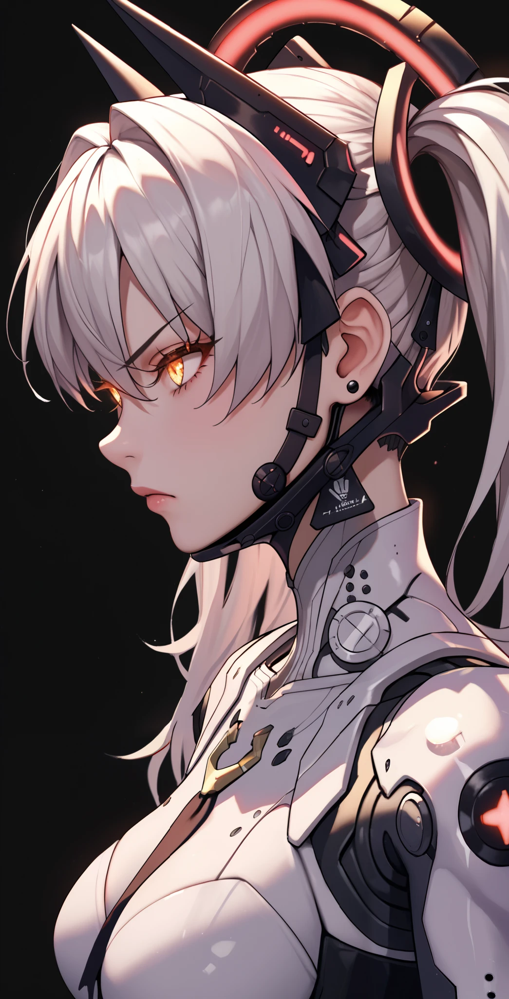 masterpiece, 1girl, Laurel, Punishing gray raven, amber eyes, Glowing eyes, Eyelashes, white hair, long hair, twintails, headgear, bodysuit, upper body, neutral, innexpressive, Frown, black background, simple background, score_9, score_8_up, score_7_up, unaestheticXL_bp5, Looking pleasured BREAK Rating_explicit, (Horns), Mechanical horns, Large breasts, Mechanical limbs, Mechanical vertebra attaching to back, Mechanical cervial attaching to neck, Mechanical bones, Mechanical collar bone, Mechanical shoulder blades, Black bones, Armored bra, From Side, (Short neck), Red neon on body, Earings