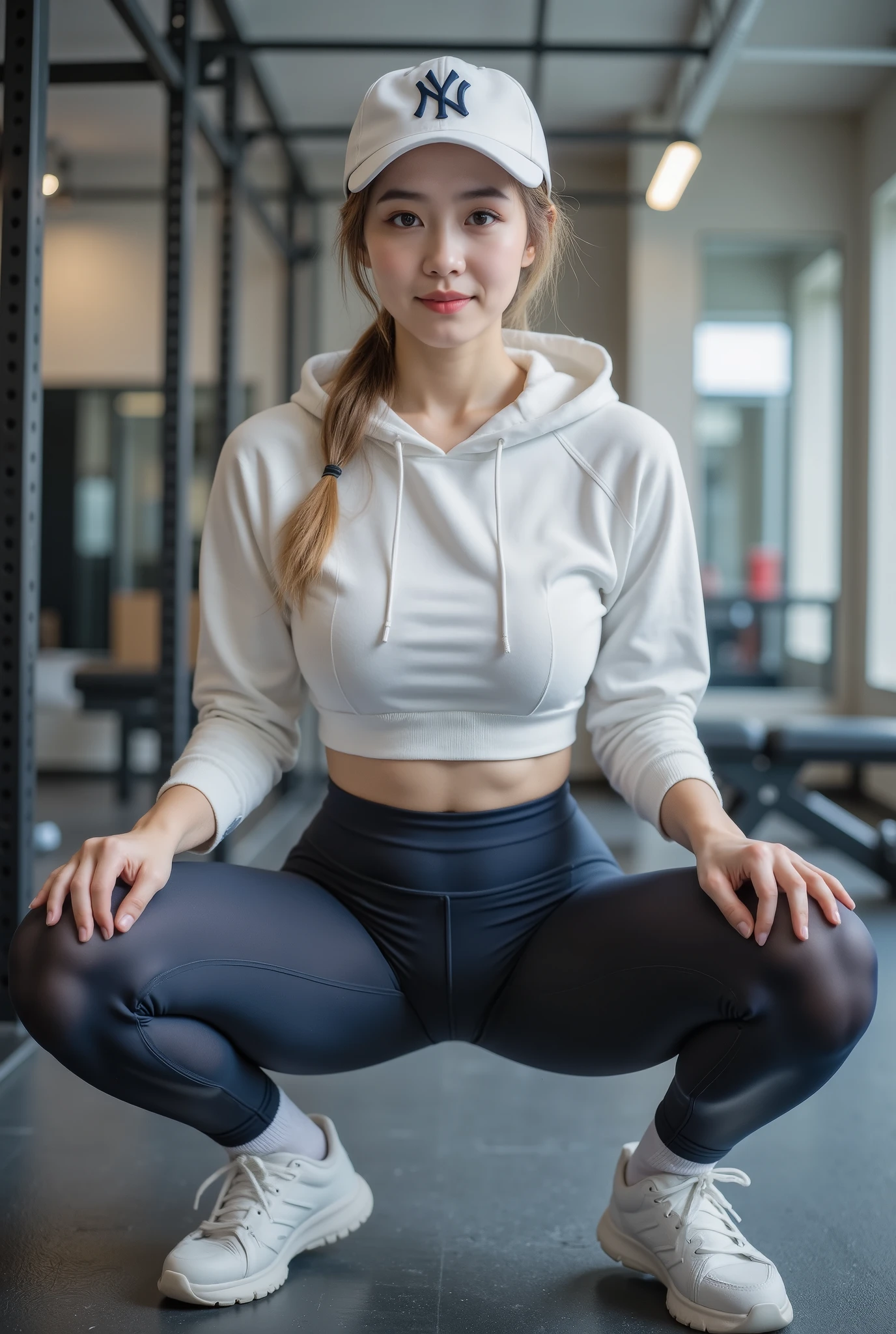 whole body,Squat deeply, enjoy training ,21-year-old Japanese woman turning her butt,japanese,Korean style beauty,Transparency, white skin,Gray Eyes,cute,Idol,Idol, portrait,model, long hair,Blonde, small breasts,Gloss,( big ass ), super high waisted navy long length leggings,( small ass ),white short hoodie,white training thigh high socks , white sneakers ,White Yankees baseball cap ,Yankees logo is navy ,Professional equipment ,Specialized Equipment, training details , learn more about training benches, Detailed Training Gym Background ,Professional equipment ,Details of Korean style beauty, happy expression