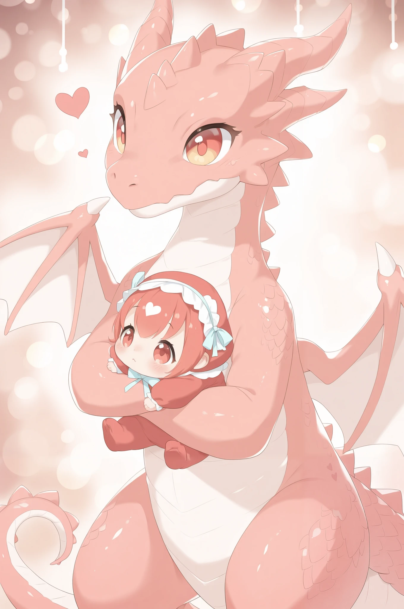 best quality fantasy art of an adorable red baby dragon, ribbon, heart, light bokeh, kawaii cave background