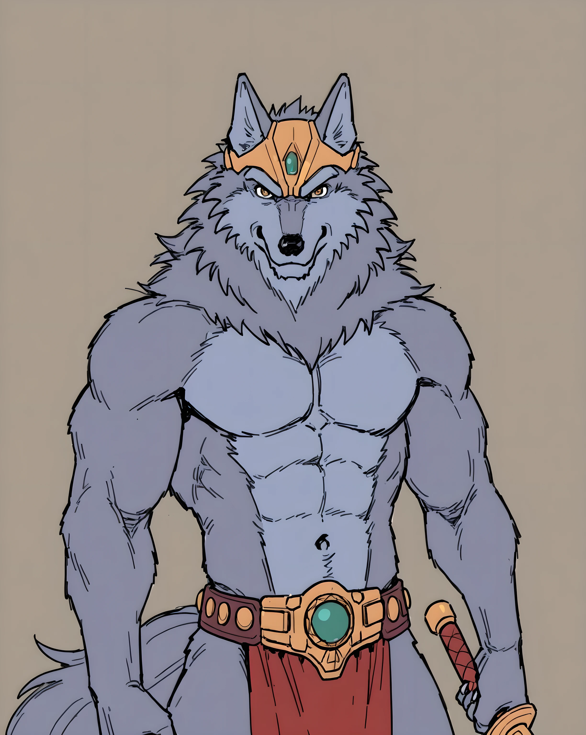 greyfus, wolf, flat color, male, muscular, simple background, looking at viewer anthro, belt, loincloth, bare chest, half body, holding a sword,