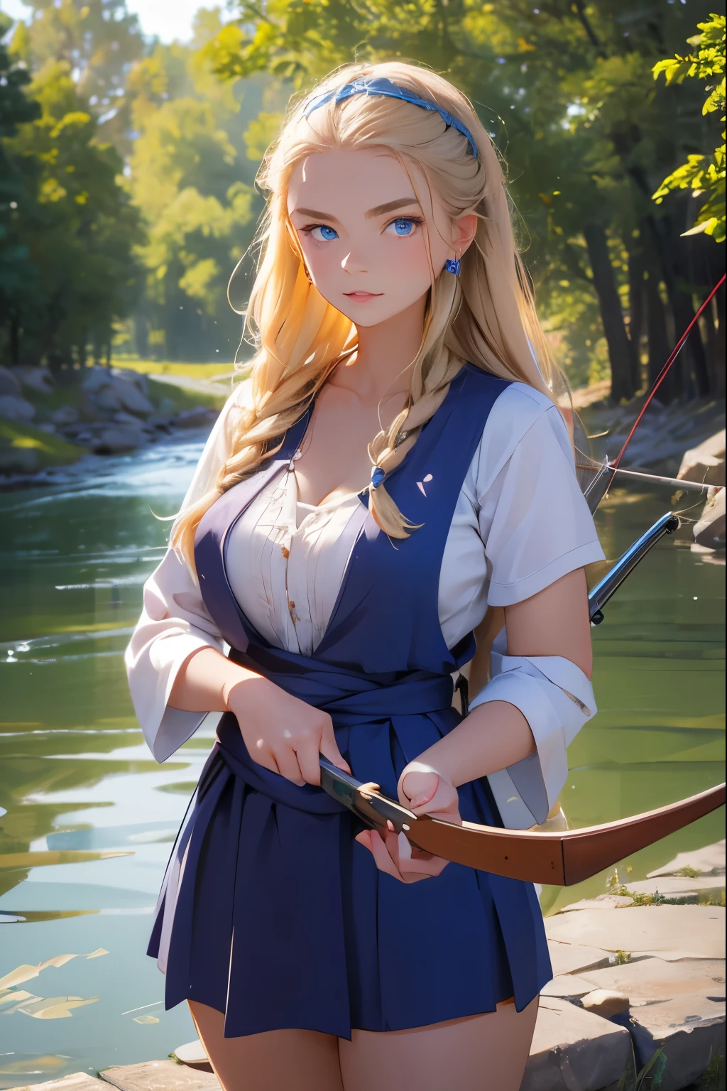 A beautiful girl from a Russian village is fishing with a fishing rod on the riverbank. She is 20 years old . Breast size 5 . Blonde hair gathered in a braid . blue eyes .