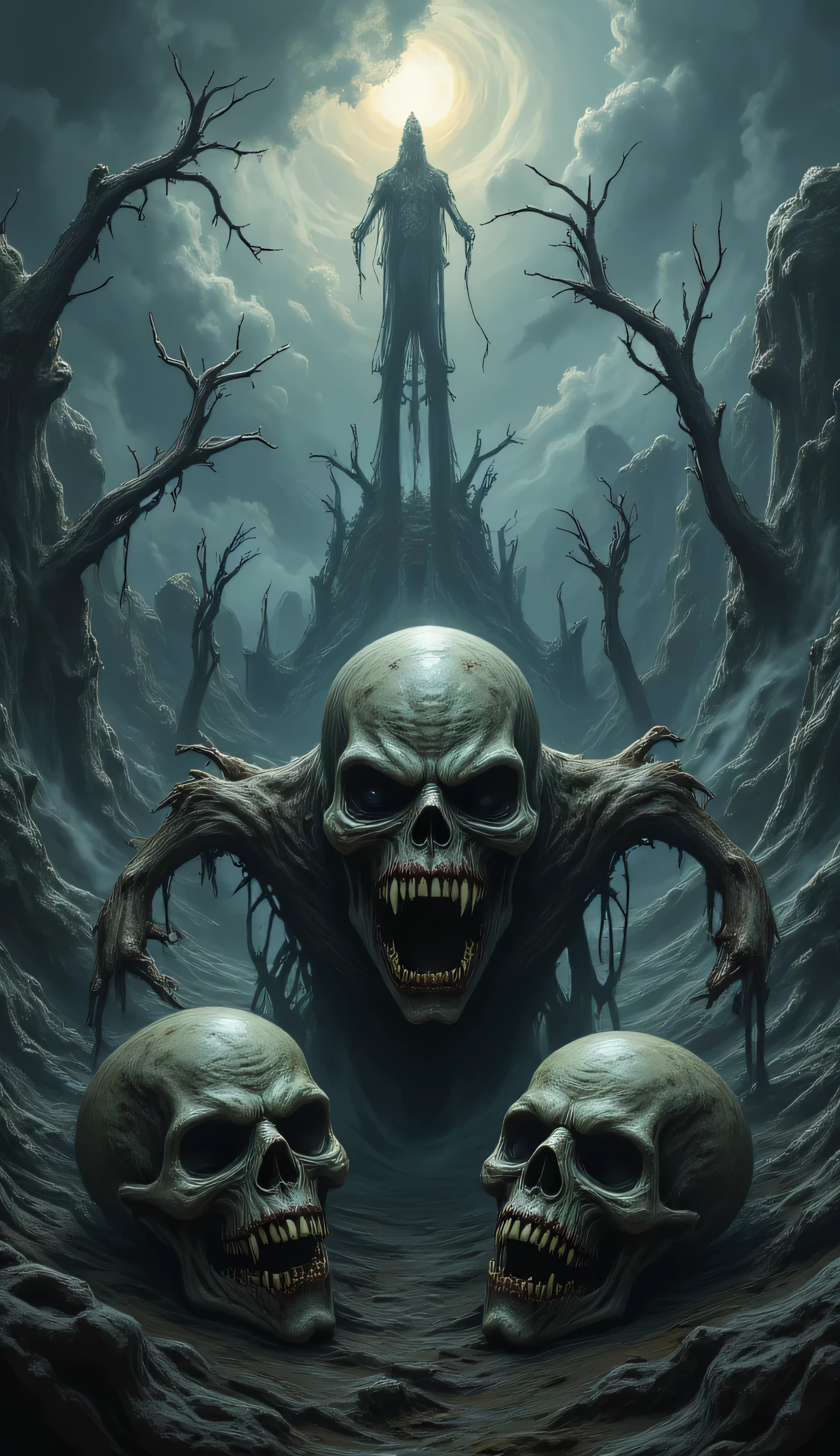 Terrifying skulls with horror landscapes
