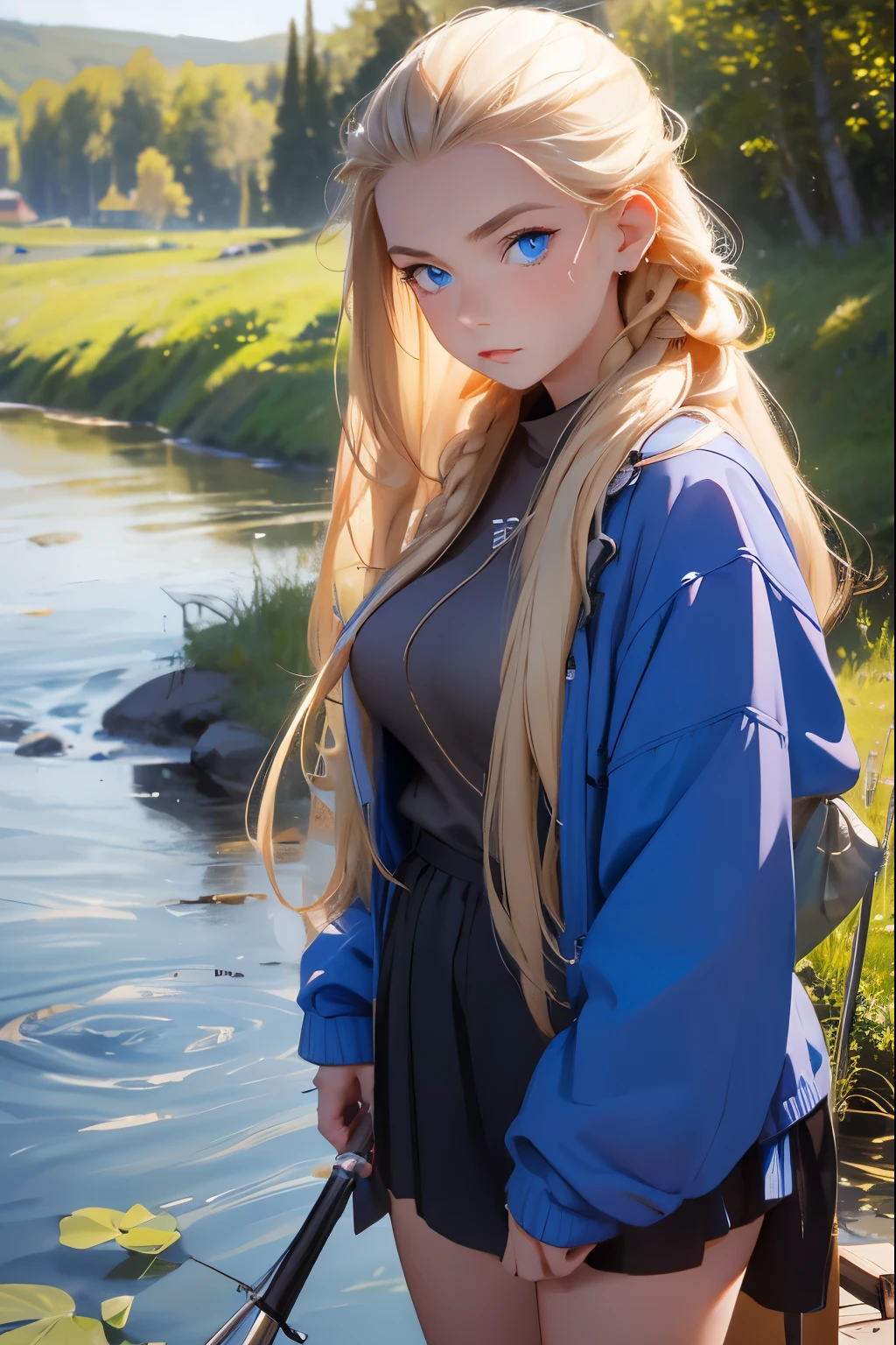 A beautiful girl from a Russian village is fishing with a fishing rod on the riverbank. She is 20 years old . Breast size 5 . Blonde hair gathered in a braid . blue eyes .