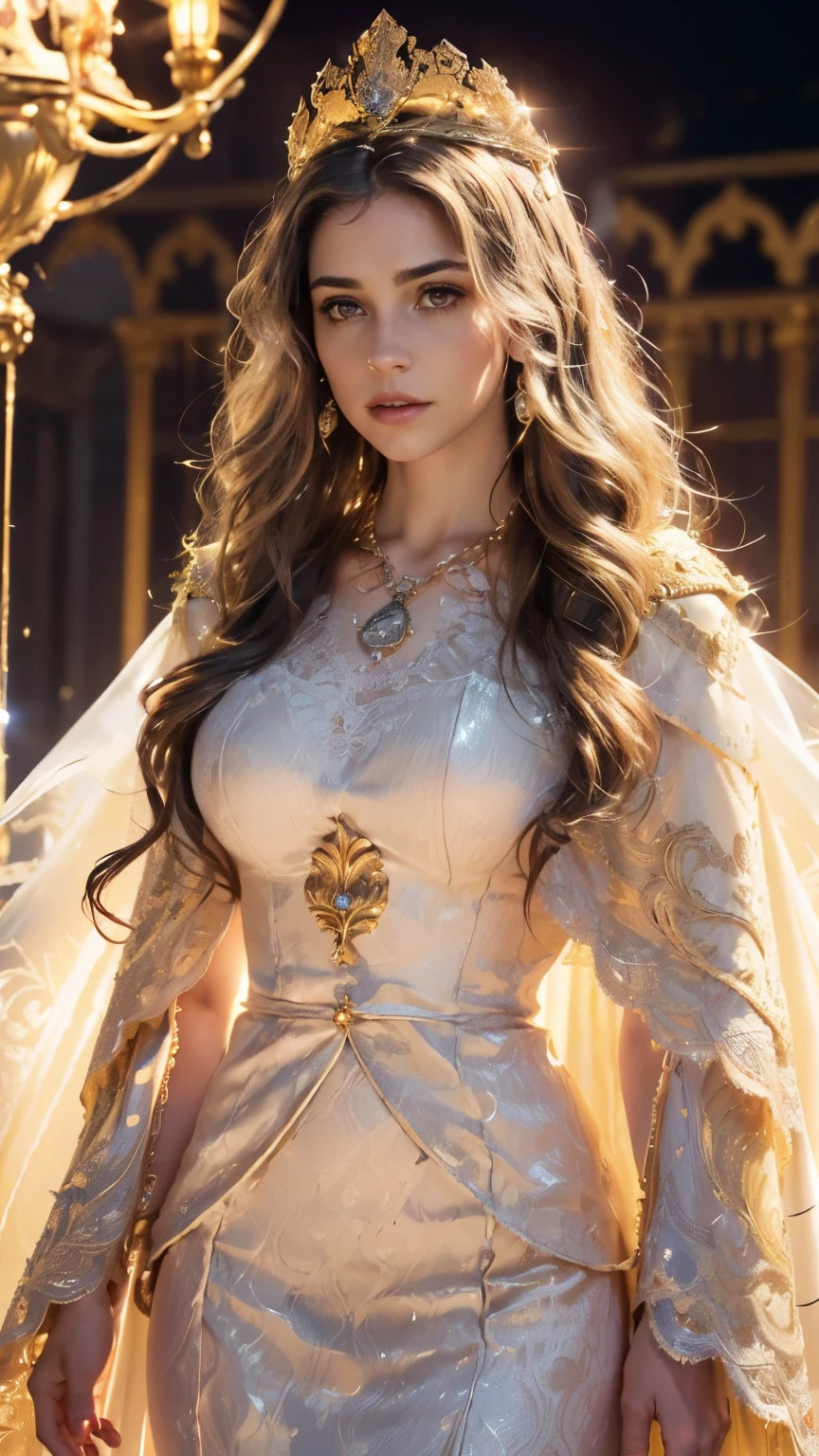Top quality, masterpiece, ultra high definition, Original photo, 1 Girl, ((wavy sardine)), cinematic lighting, very long hair, detailed eyes, wind, necklace, piercing, ((knighthood cospaly)), ((wavy clothing)), golden clothing, ((wavy lace)), ((wavy dual cape)), ((queen germent)), ((glowing lights)), ((realistic)), in the palace, night weather, cinematic pose,