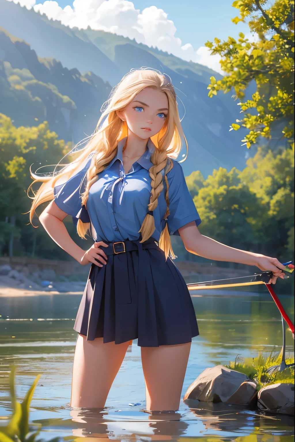 A beautiful girl from a Russian village is fishing with a fishing rod on the riverbank. She is 20 years old . Breast size 5 . Blonde hair gathered in a braid . blue eyes .