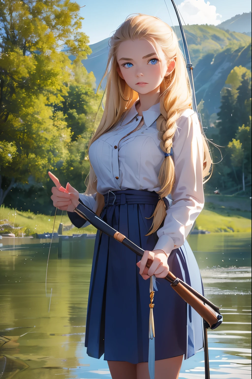 A beautiful girl from a Russian village is fishing with a fishing rod on the riverbank. She is 20 years old . Breast size 5 . Blonde hair gathered in a braid . blue eyes .