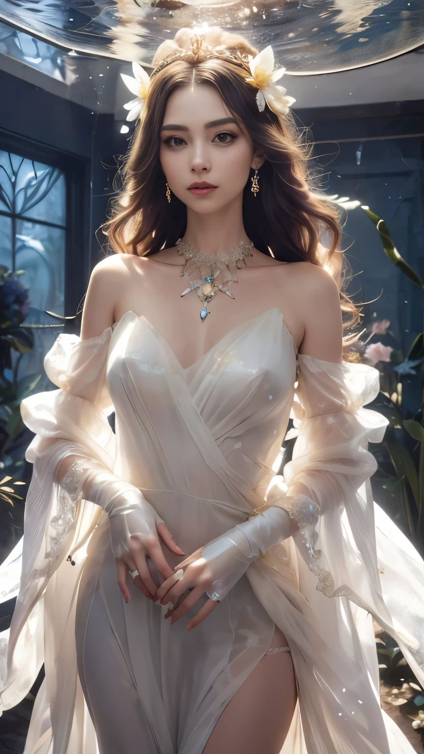4K, Masterpiece, Best Quality, Detailed Background, Crystal, Crystal Cluster, Long Hair, Jewelry, Earrings, Necklace, Crown, Bride, Hair, Halo, (Overlook), Dynamic Angle, Ultra Detailed, Illustration, Close Up, Direct Look, 1girl, (Fantasy: 1.4), (detailed Eyes), (Beautiful and Delicate Eyes), (golden Hair), (Messy Hair, Very Long Hair, French braids, hair between the eyes, side hair), ((hair flower)), (chiffon golden strap dress, uniform flower pattern), (split sleeves, wide sleeves), (fingerless gloves), choker, (miko thighhighs), (expressionless, shut up), (standing), (classical princess boudoir with dresser floor-to-ceiling windows ancient palace), (golden flowers, blooming), (deep sea), (flowing water), (golden world tree), (Ruins), (Night), dreamy, Soul, (fluorescent), (Translucent Butterfly),