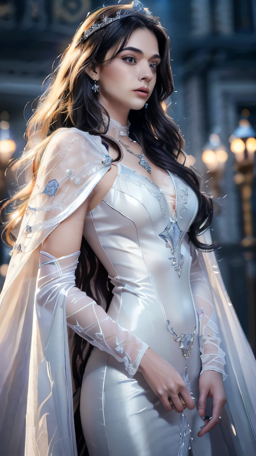 Top quality, masterpiece, ultra high definition, Original photo, 1 Girl, ((mesh sardine)), cinematic lighting, very long hair, detailed eyes, wind, necklace, piercing, ((knighthood cospaly)), ((wavy clothing)), white clothing, ((wavy lace)), ((wavy dual cape)), ((queen germent)), ((glowing lights)), ((realistic)), in the palace, night weather, cinematic pose,