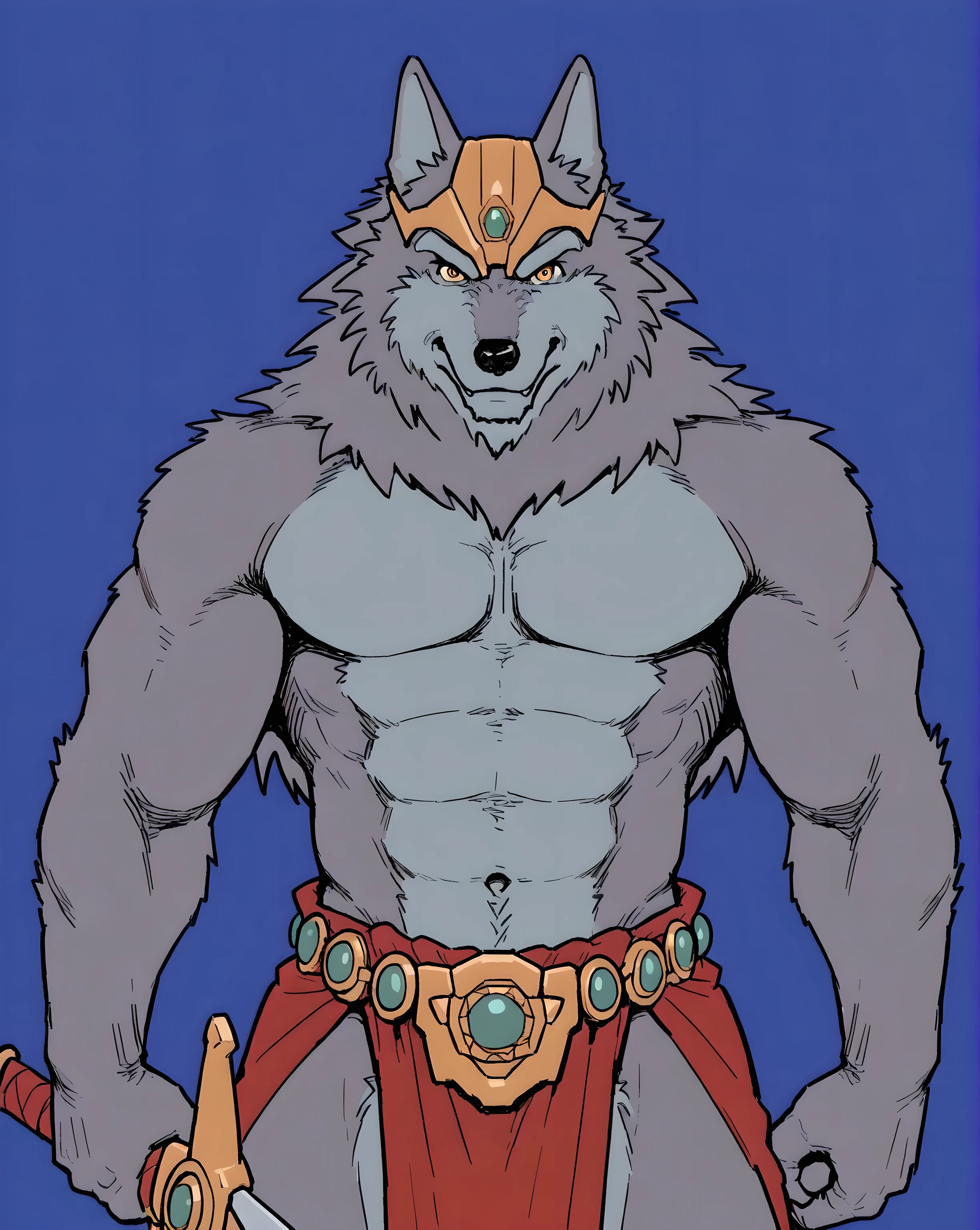 greyfus, wolf, flat color, male, muscular, simple background, looking at viewer, anthro, belt, loincloth, bare chest, half body, holding a sword,