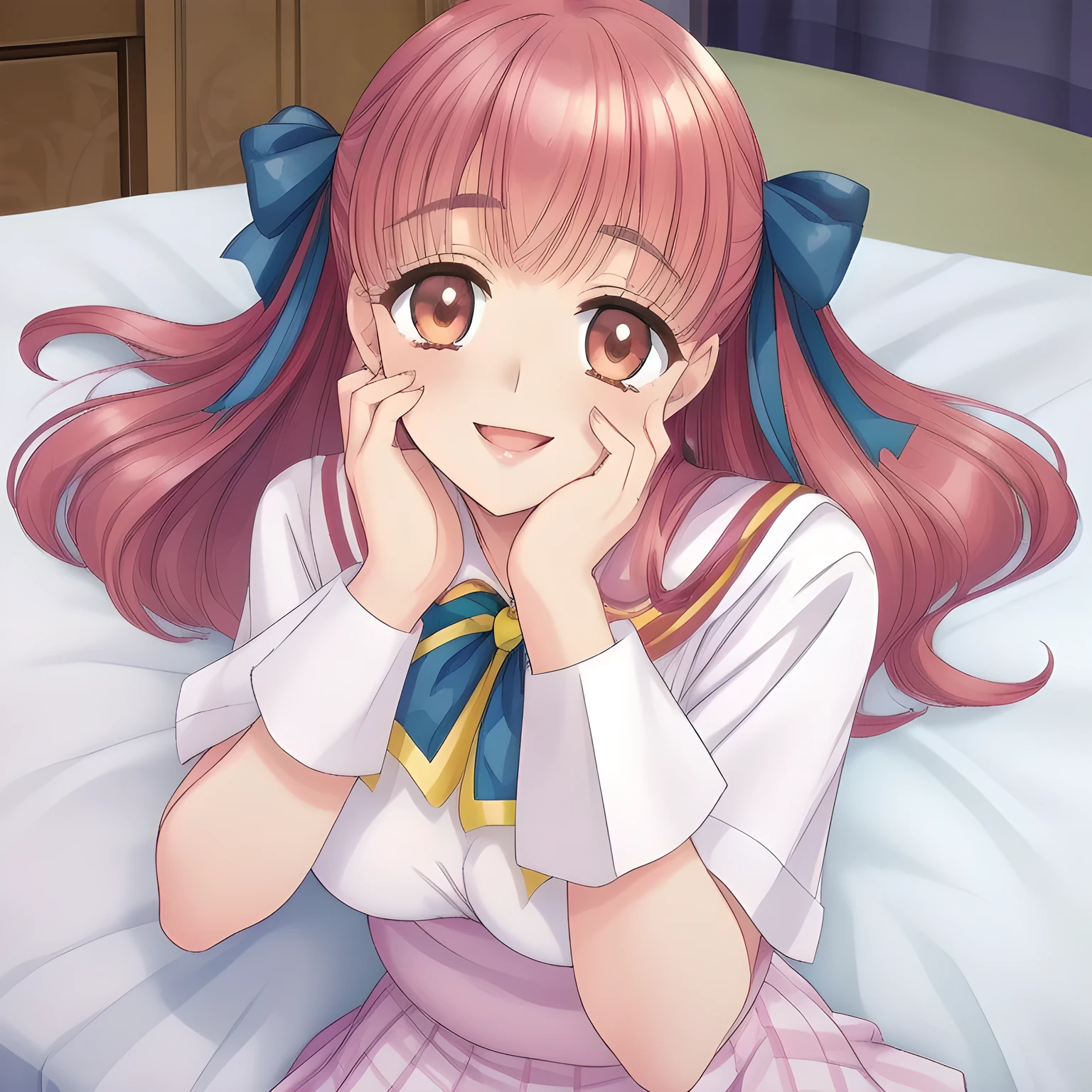 (highest quality, masterpiece: 1.6), ( (too beautiful graceful date-game twins) are lying down on a expensive bed (in a too lewd dream) and (laughing at me with pretty open mouth and lovely lips), can't stop giggling, (covering her own mouth with both hands), (Too Beautiful beautiful anime noble heroine), beautiful giggling noble elegant 15yot anime heroine wares (neat white girly blouse) and (tartan checkered navy blue very-glossy pleats school skirt), (pretty shiny large yellow ribbon made of silk on the breast), (beautiful legs), (pulling me into (deeper lewd harem dream of school-uniformed siren and succubi)), (feminine elegant sailor-style uniform): 1.5), (Anime-heroine's looking-up girly noble laughing giggling (very intelligent laughing eyes) shines and has strong effect to hypnotize the viewer fall into love: 1.6), (Eyes, face and hair are especially beautifully detailed and beautifully drawn to hypnotize: 1.5), (Very beautiful, wavy, cutely super-super-long wavy gorgeous rich hair like hair model, with elegant big yellow hair ribbons: 1.3), (Perfect slender body style like a fashion model), (The girl is too much beloved because of her beauty and seducing proportion and lovely fashion and noble manner and magic-charm like succubus: 1.2), (take a shot from her front and back: 0.9), ((many photos of her on the bed background)), ((too elegant smile), very elegant noble pose, pretends to love the viewer, fascinating with charm of (lewd love hypnosis), Strong pleasant smell of young girls: 1.5)