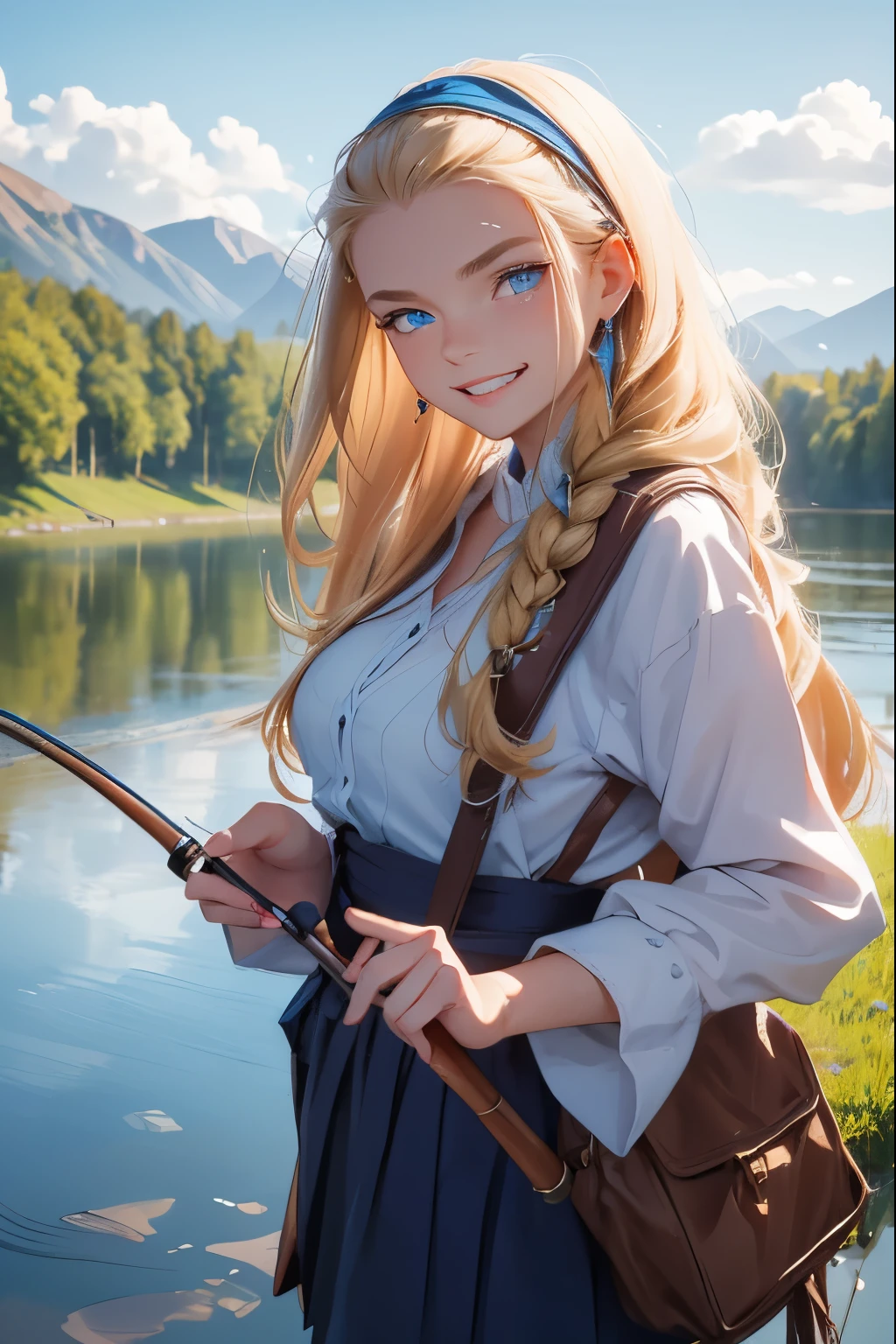 A beautiful girl from a Russian village is fishing with a fishing rod on the riverbank. She is 20 years old . Breast size 5 . Blonde hair gathered in a braid . blue eyes . she laughs .
