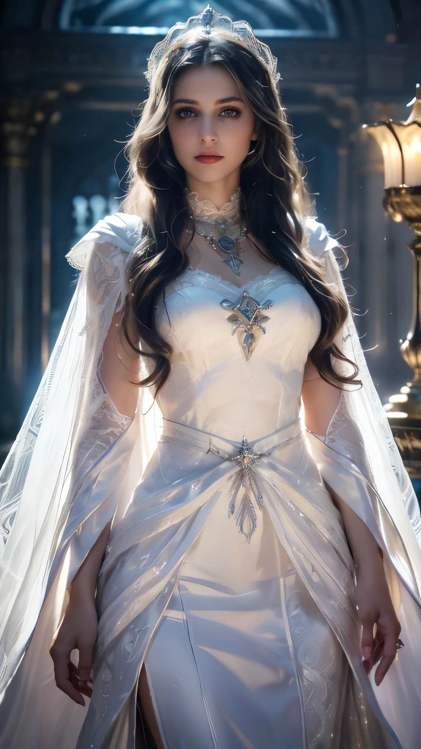 Top quality, masterpiece, ultra high definition, Original photo, 1 Girl, ((mesh sardine)), cinematic lighting, very long hair, detailed eyes, wind, necklace, piercing, ((knighthood cospaly)), ((wavy clothing)), white clothing, ((wavy lace)), ((wavy dual cape)), ((queen germent)), ((glowing lights)), ((realistic)), in the palace, night weather, cinematic pose,