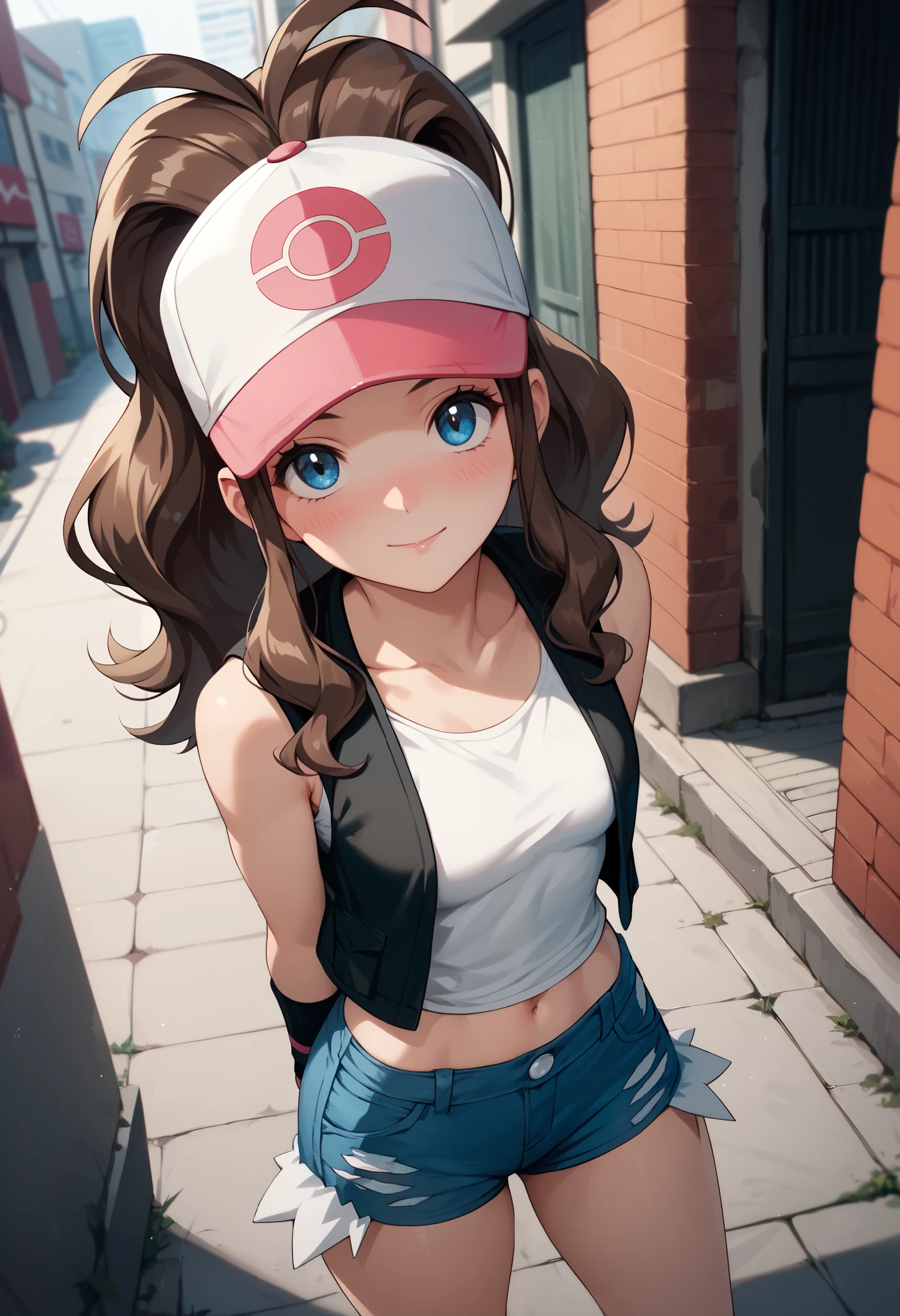 1girl, mature woman, small waist, shy, blush, slight smile, looking up at viewer, pokemonhilda, blue eyes, brown hair, long hair, ponytail, baseball cap, blue shorts, denim, hat, micro shorts, vest, wristband, sleeveless, black vest, white croptop, micro shirt, outdoors, city, dark backalley, standing, midriff, small breasts, shipovup, from above, short girl, hands behind back