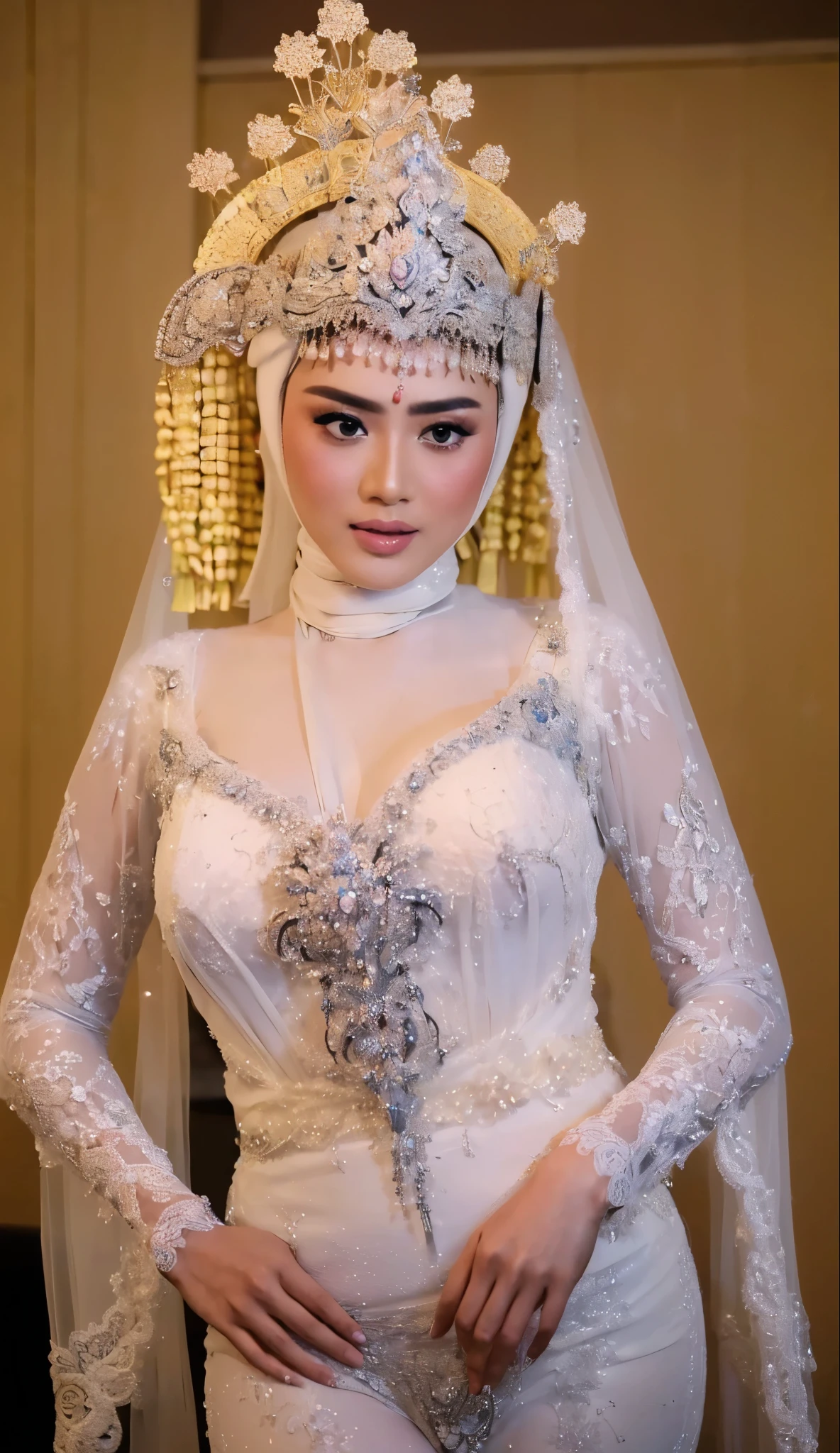 hijab bride young and sexy (masterpiece), ((best high quality:1.0), (ultra highres:1.0), detailed illustration, 8k, ((highest detailed)), ((ultra realistic)), soft lighting, ((realistic face, realistic skin)), ((super high resolution)), extreme detailed, ((HD picture)), huge breasts, forward chest, busty body, tall, ((perfect beautiful face, thick lips, blush, Perfect round eyes, sex body)), ((sexy panganten sunda)), full body, ((wedding hall background)), ((sundese interior design)), ((sheer gown)) (((showing niples))) (((showing panty)))