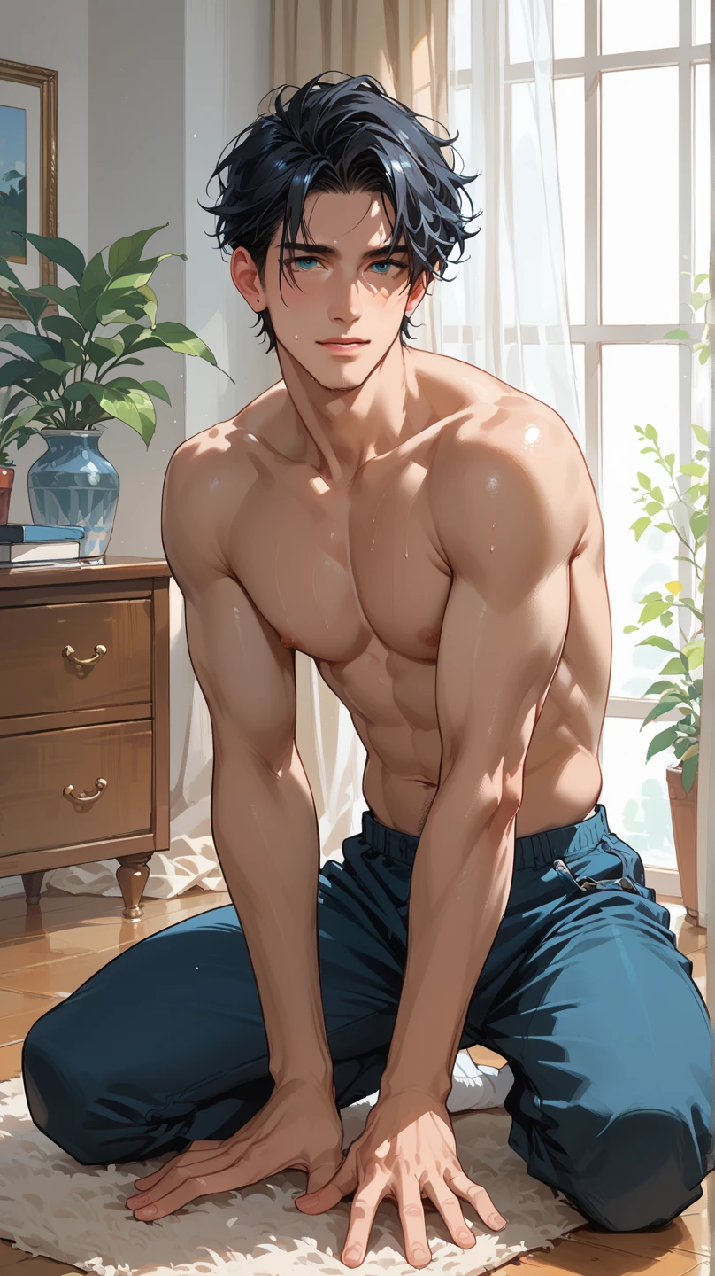 black hair boy, blue eyes, muscular, hot and sexy sweaty body, shirtless, wearing short black shorts, barefoot