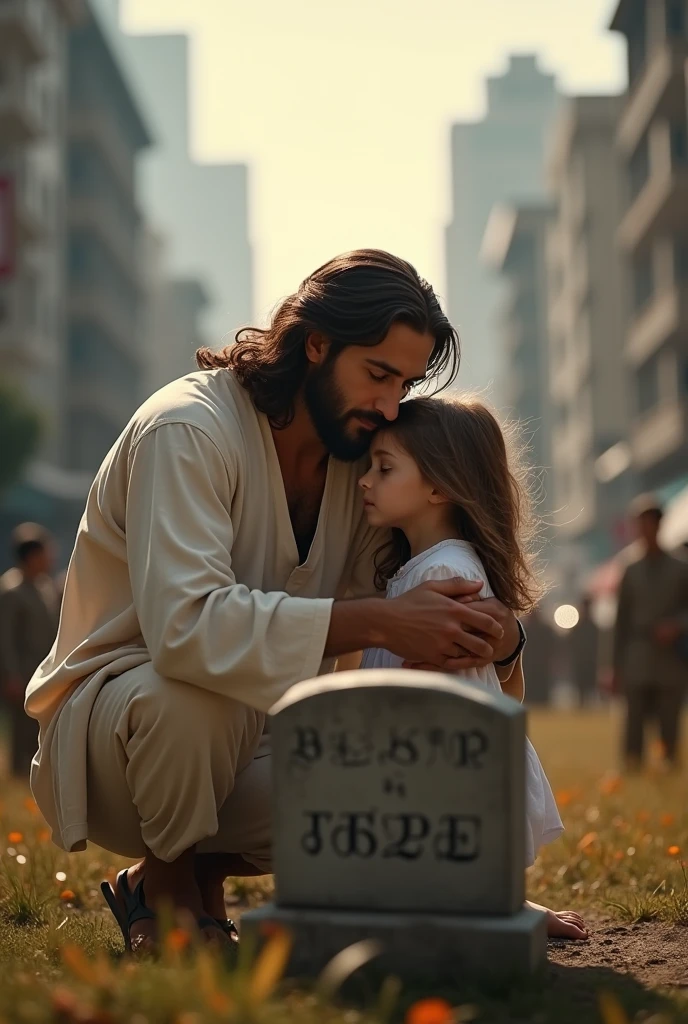 (obra maestra, mejor calidad: 1.2, high resolusion: 1.2), ((Retrato de la parte superior del cuerpo)), jesus of nazareth, con vestimenta antigua, Hugging and comforting an 8-year-old, pobre, solo ellos en la escena, Dystopian city of Jerusalem, ,AbsentaPunkAI