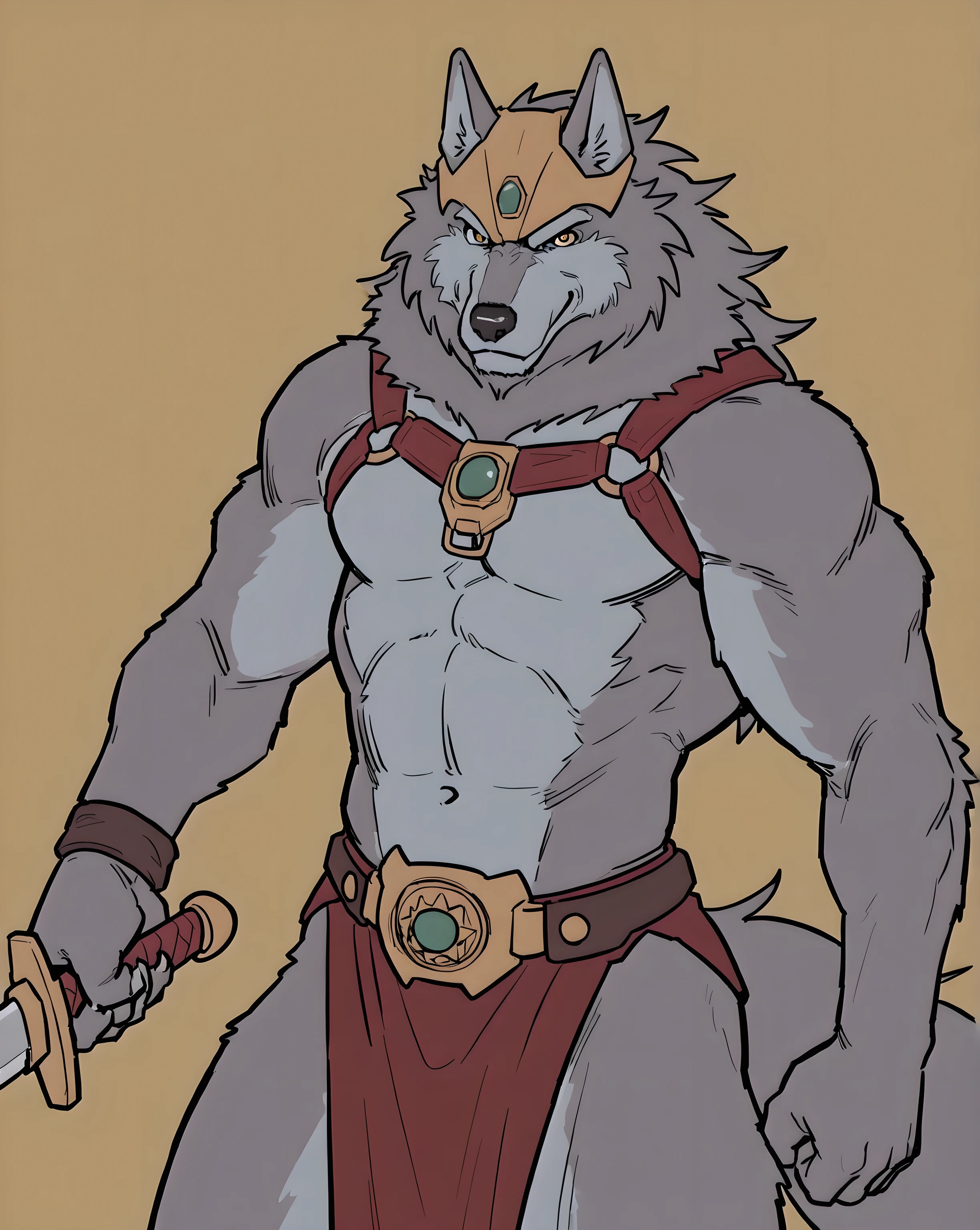 greyfus, wolf, flat color, male, muscular, simple background, looking at viewer anthro, belt, loincloth, bare chest, half body, holding a sword with both hands