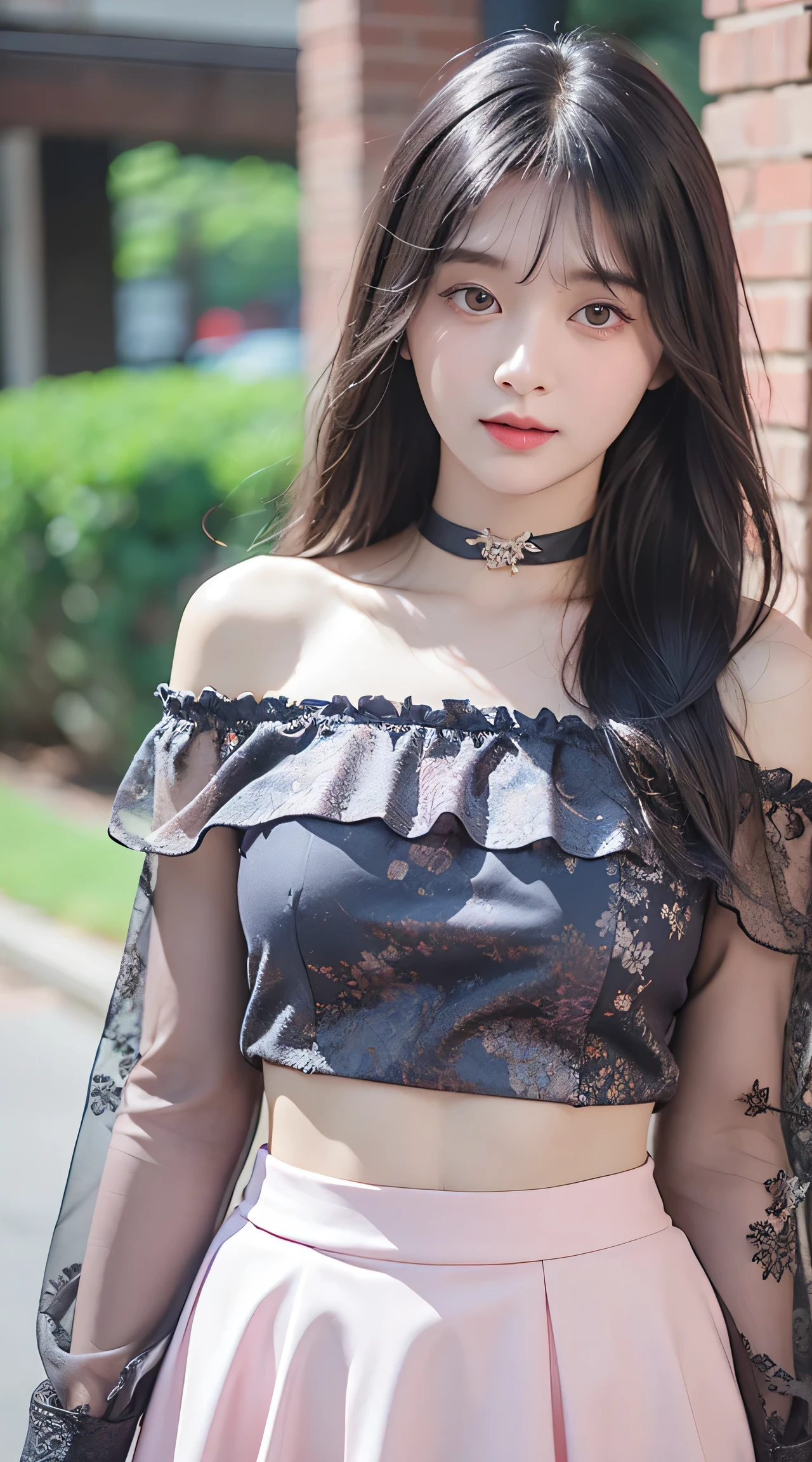 (best quality, masterpiece), 1girl, intricate details, off shoulder, skirt, choker, frills, see-through, looking at viewer, blush, upper body, blurry background, floral print, contrapposto, long dark blue hair, Blunt Bangs, purple eyes
