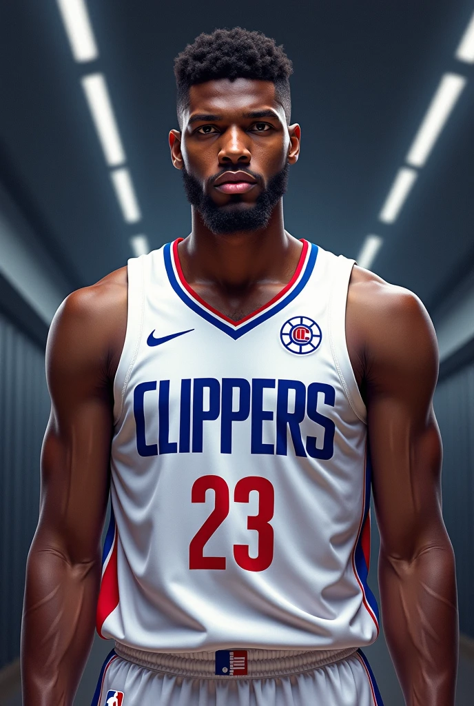 Black man with strong green eyes and dark hair , muscular and with a clean face, wearing a basketball tank top with the Brooklyn Neets logo
