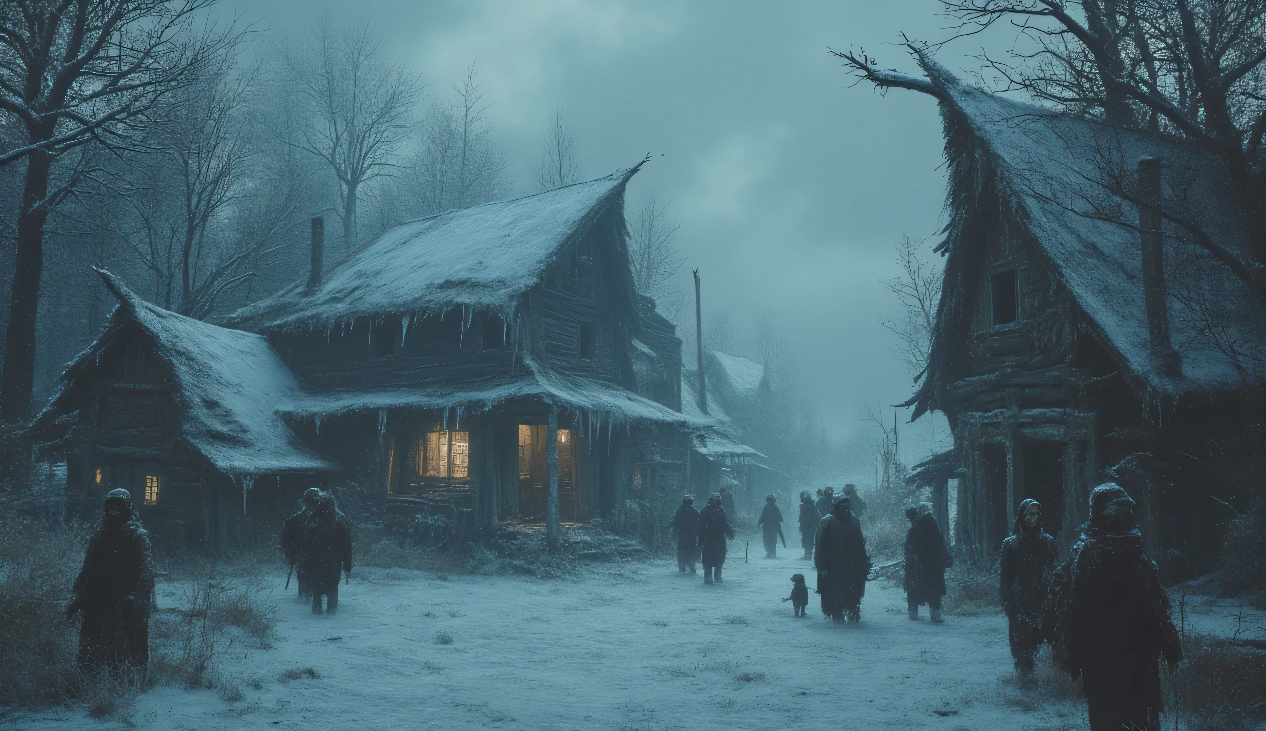 The cold north. A gloomy village made of rotten wood. snowstorm. the ice forest in the north.. Cold lighting.