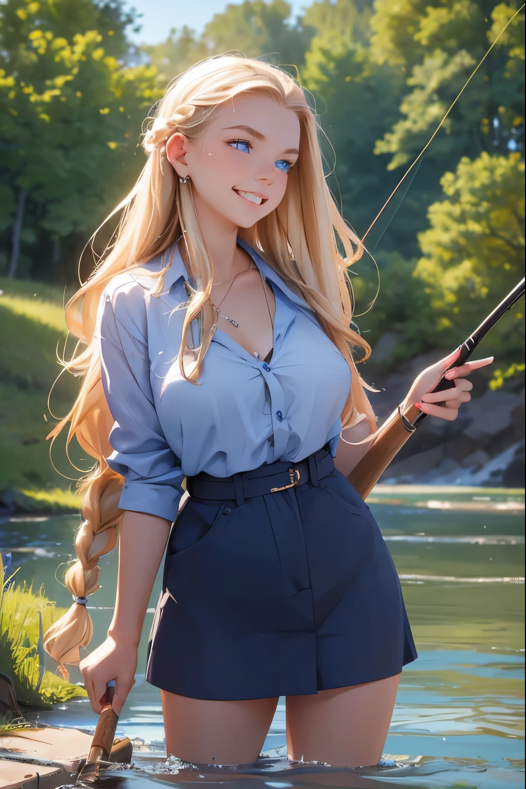 A beautiful girl from a Russian village is fishing with a fishing rod on the riverbank. She is 20 years old . Breast size 5 . Blonde hair gathered in a braid . blue eyes . she laughs .