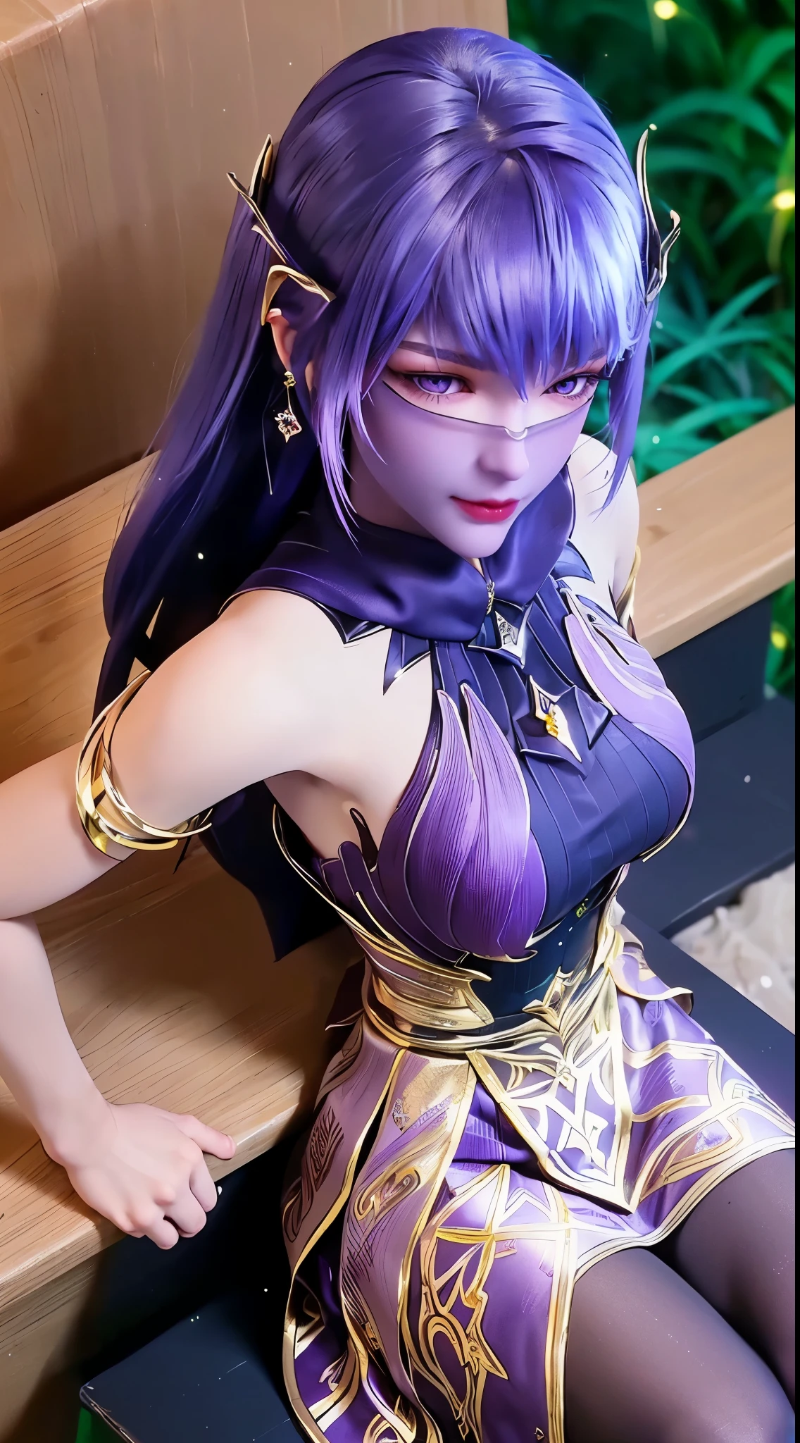 1 beautiful and sexy 20 year old girl, ((wearing a super purlpe dress:1.6)), ((a dress with diamonds:1.7)), ((long purple hair:1.6)), jewelry elaborately made from precious stones and beautiful hair, ((A thin red silk scarf covers half of the face:1.5)), (((wearing a thin light purple silk mask:1.5))), the noble, noble style of an extremely beautiful girl, her small face is super cute, her face is very pretty, thin eyebrows, flawless beautiful face, ((black eye pupils: 0.8)), very beautiful eyes, ((purple eyes: 1.6)), (((big round eyes:1.6))), nice makeup and hair detailed eyelashes, steamy eye makeup, high nose, earrings, red lips, ((closed mouth: 1.5)) beautiful lips, slim hands, most beautiful thighs, ((arms spread out to the sides: 1.5)), rosy face, clean face, flawless beautiful face, smooth white skin, (big breasts: 1.5)), ((high breasts: 1.6)), tight breasts, beautiful cleavage, (((big breasts and super round: 1.8))), ((super tight breasts: 1.7)) , beautiful breasts, perfect body, back arms, chest out, ((thin black mesh stockings with black lace trim:1.5)), ((sitting position with chest up and arms behind: 1.6)), ((open your legs:1.2)), don't be shy, 8k photo, super high quality, super realistic, super 10x pixels, optical, bright studio, bright edges, dual-tone lighting, (high-detail skin:1.2), super 8k, soft lighting, high quality, volumetric lighting, photorealistic, photorealistic high resolution, lighting, best photo, 4k, 8k quality, blur effect, smooth sharp, 10 x pixel, ((Beach at night and fireflies background:1.5)), aurora, lightning, super graphics realistic, most realistic graphics, 1 girl, alone, solo, Extremely sharp image, surreal, (((frontal portrait: 1.5)))."